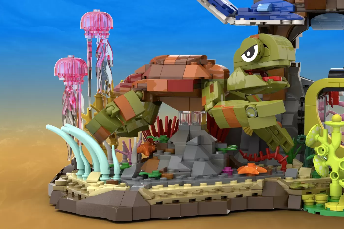LEGO Finding Nemo ocean scene with turtle minifigure, pink jellyfish towers, coral structures, and sea creatures on sandy …