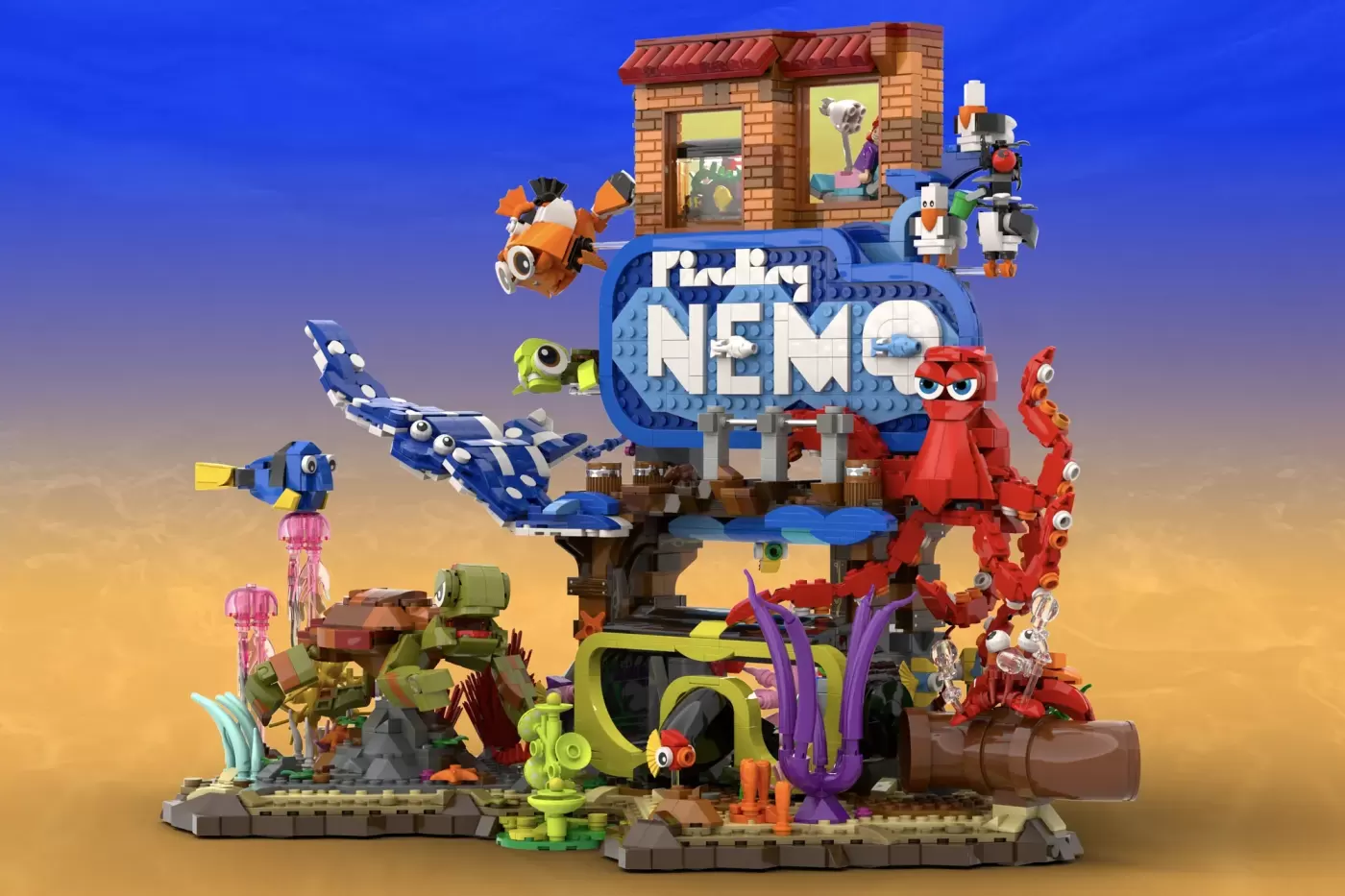 LEGO Ideas Finding Nemo set featuring brick-built ocean scenes with minifigures and colorful sea creatures across multiple…
