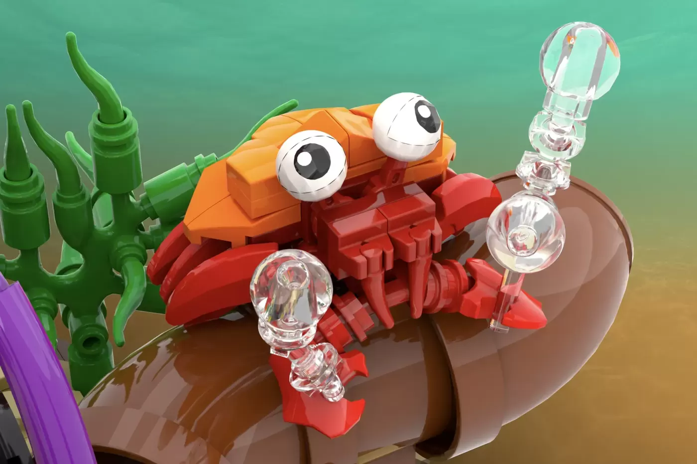 LEGO® Sebastian the crab figure with crystal claws on brown base, surrounded by green seaweed and purple coral elements.