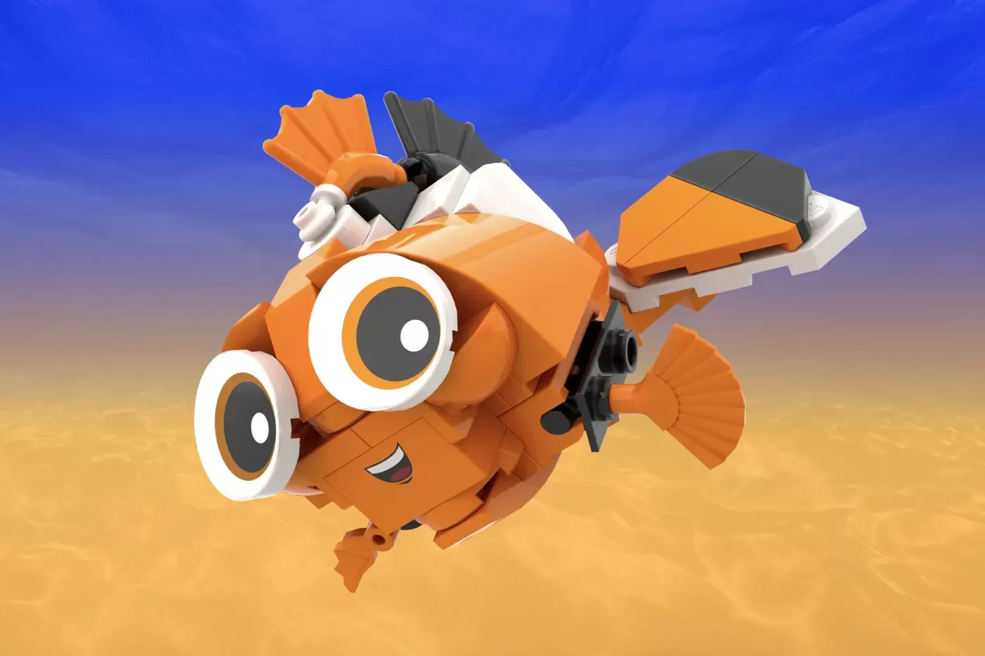 LEGO Nemo character build with orange body, large white and orange eyes, black fins, gray accents, against blue sky and sa…
