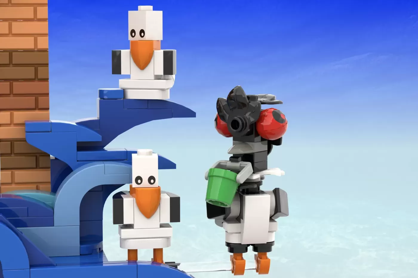 LEGO figures of seagulls and a lobster with blue spiral structure and brick wall backdrop.