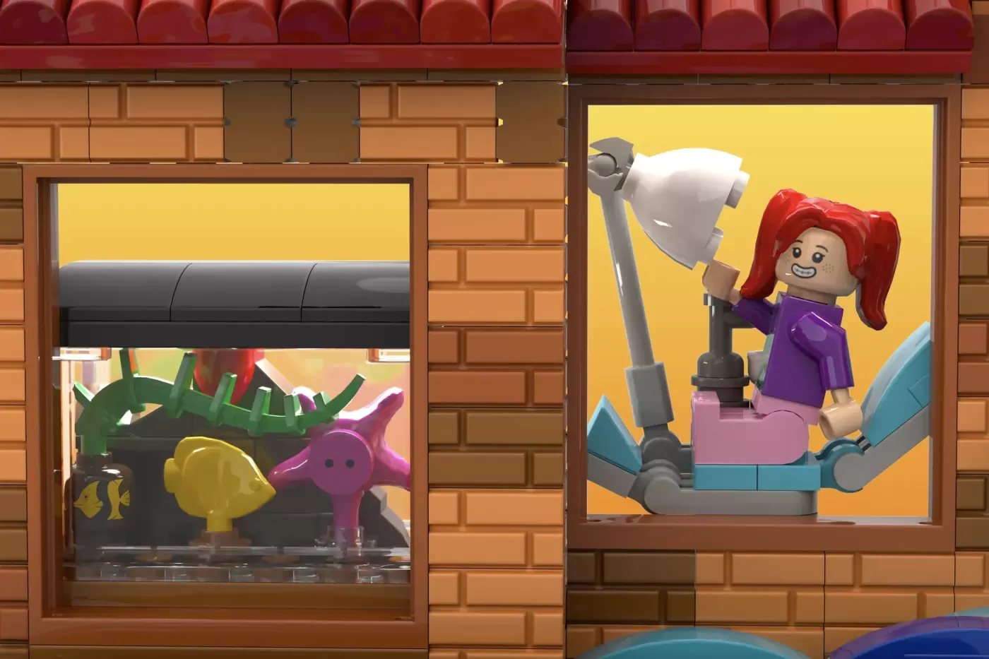 LEGO storefront display with Finding Nemo aquarium set and minifigure with red hair holding pickaxe.