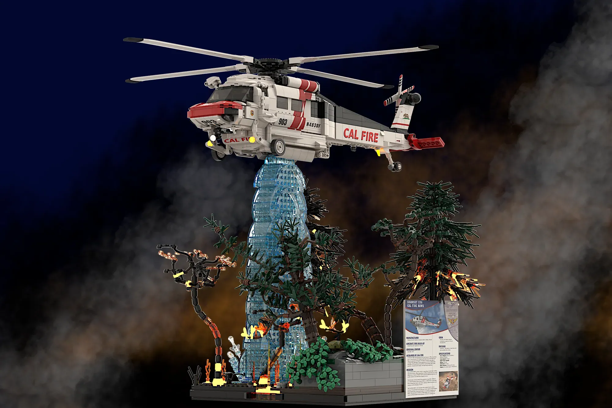 LEGO Cal Fire Firehawk helicopter with water droplet stream over burning tree and firefighter minifigures.