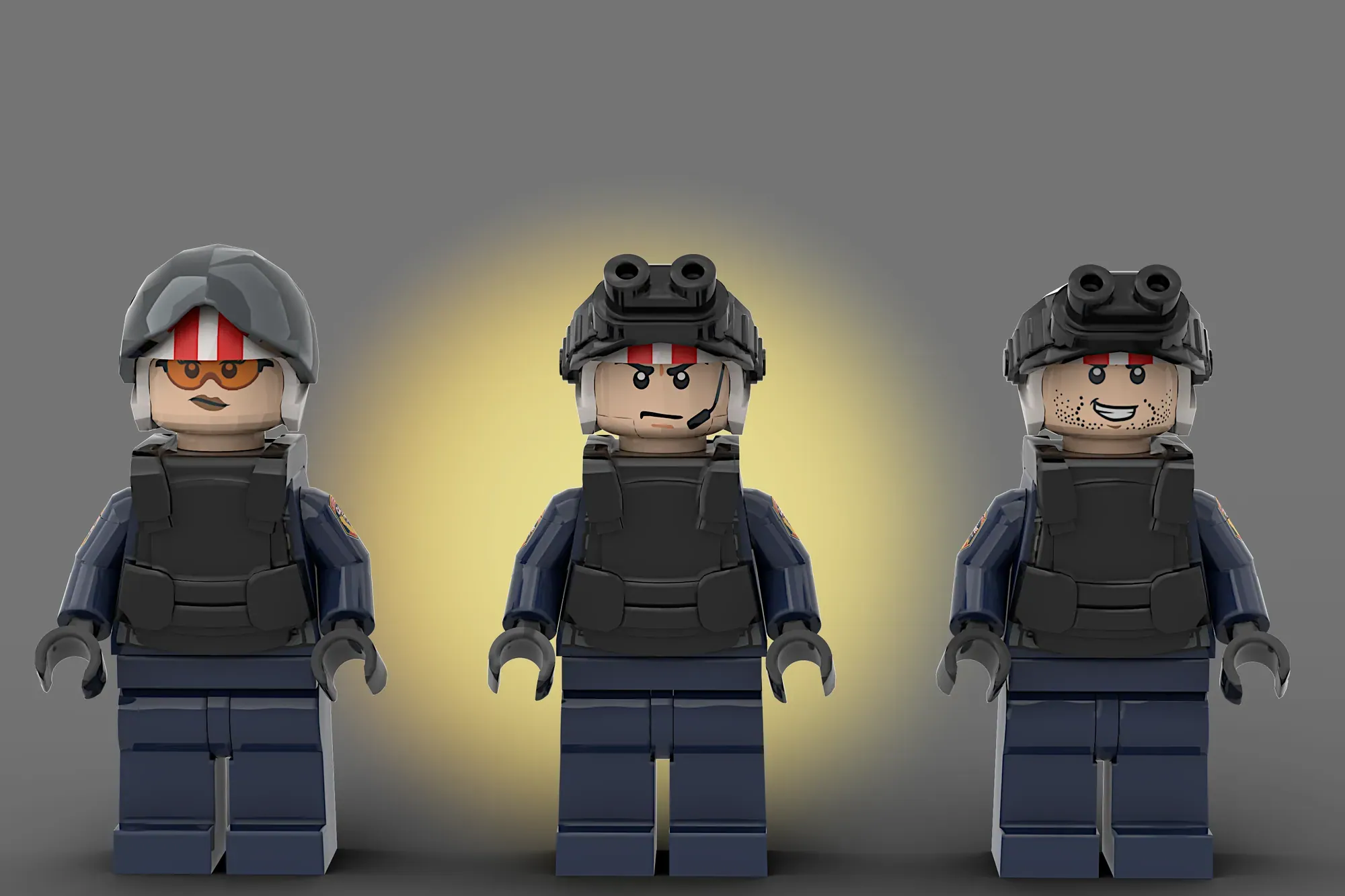 Three LEGO minifigures in tactical gear with helmets and body armor, displayed against gray background.
