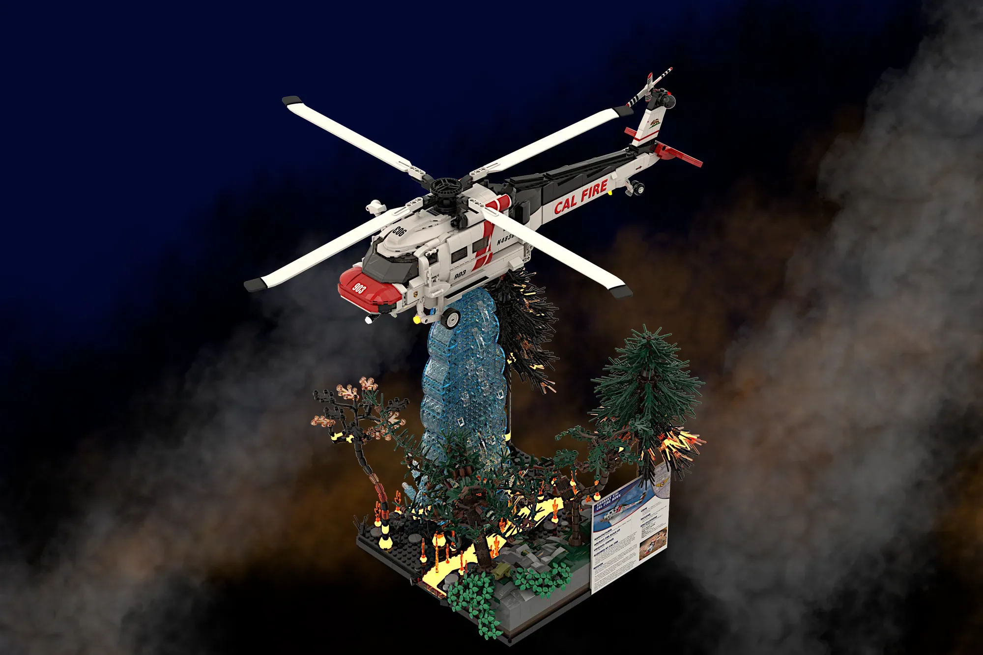 LEGO Ideas Firehawk set featuring Cal Fire helicopter hovering above forest fire scene with water cascade.
