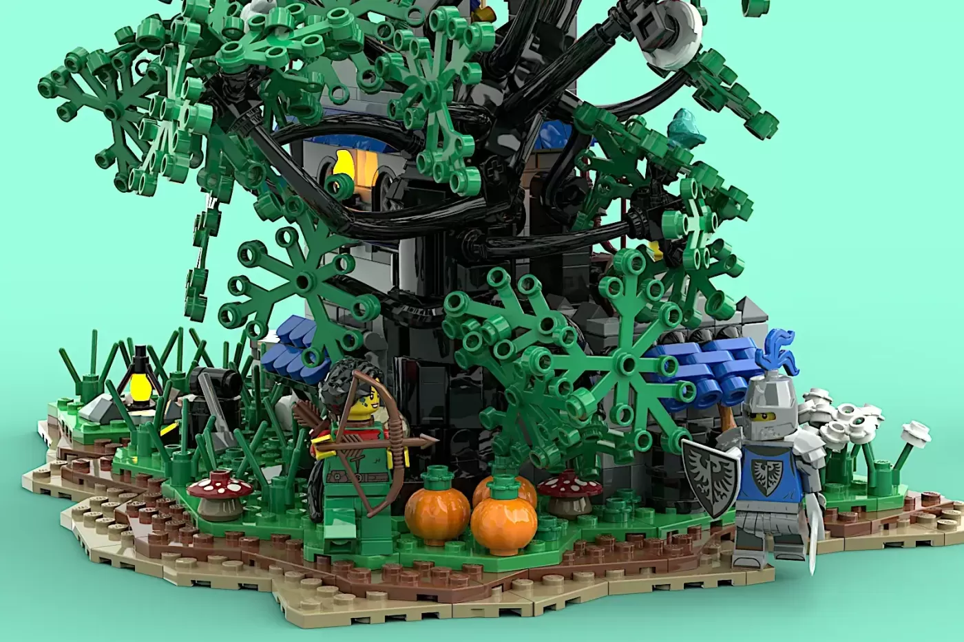 LEGO Forestmen Outpost set featuring green tree structure, minifigures, pumpkins, mushrooms, and medieval-themed elements …