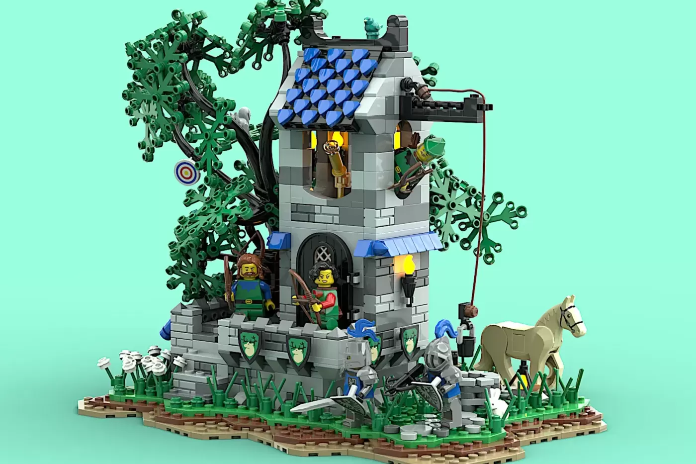 LEGO Forestmen Outpost tower with minifigures, trees, horse, and blue-roofed stone structure on green baseplate.