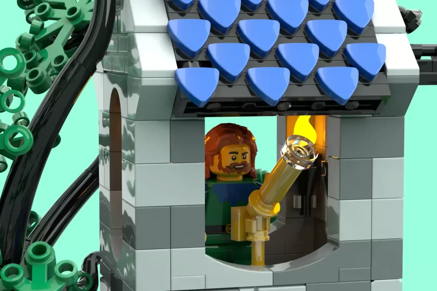 LEGO Forestmen minifigure with torch inside gray stone outpost tower with blue roof tiles.