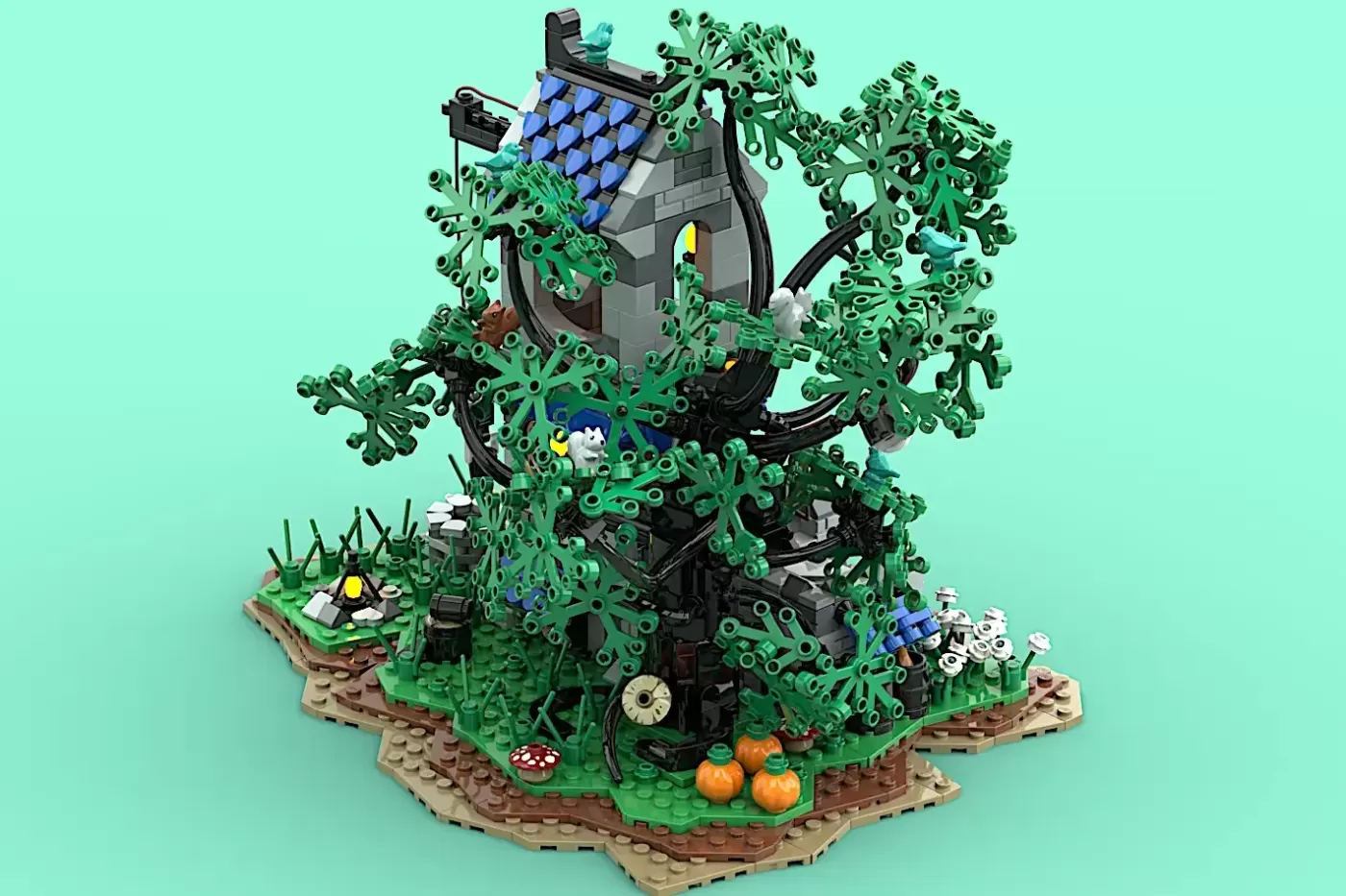 LEGO Forestmen Outpost build featuring a stone tower with blue roof, ivy-covered walls, minifigures, pumpkins, and woodlan…