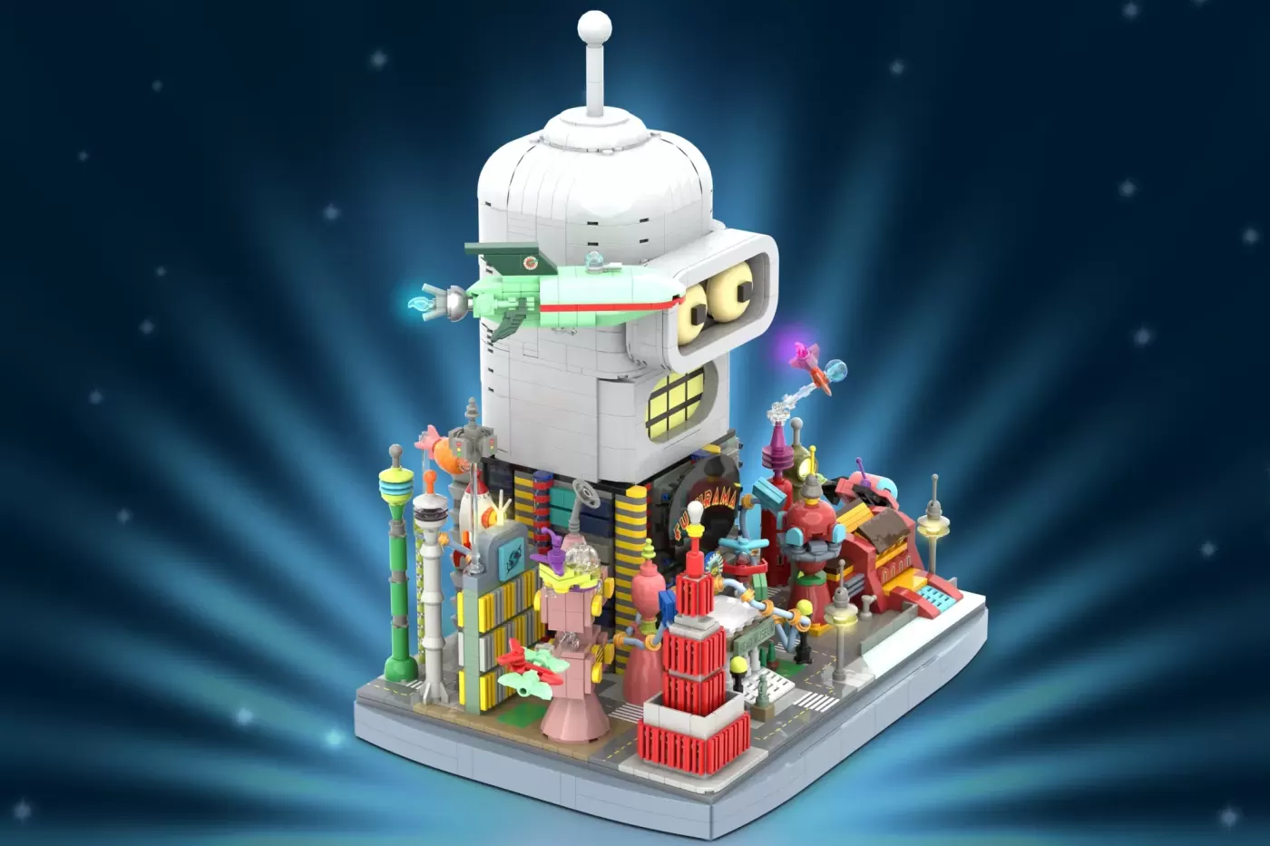 LEGO Futurama MOC featuring Bender's head dome with Planet Express building and minifigures below.