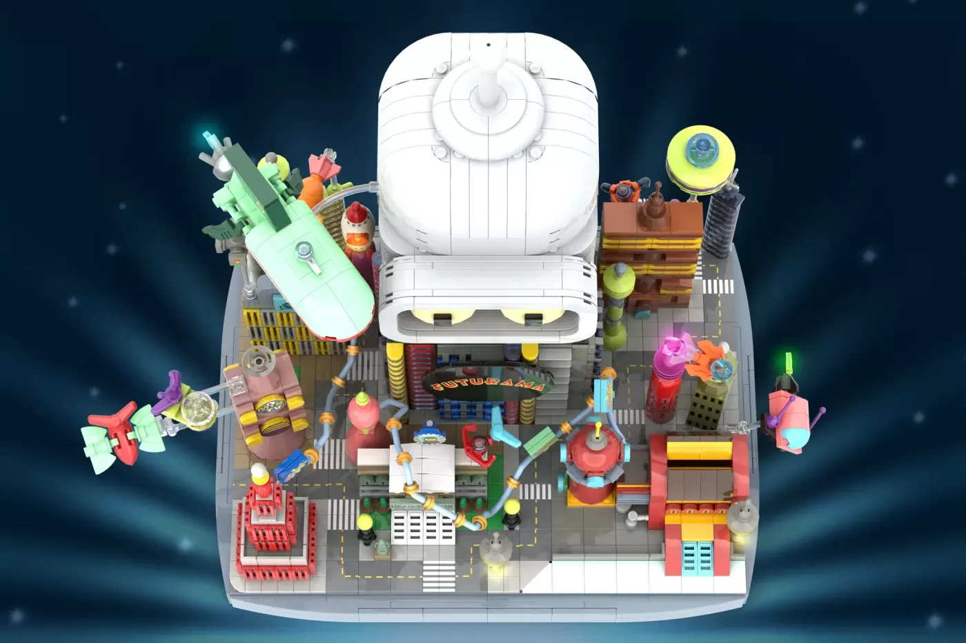 LEGO Planet Express spaceship with Bender's head cockpit, colorful cityscape, minifigures, and detailed sci-fi architecture.