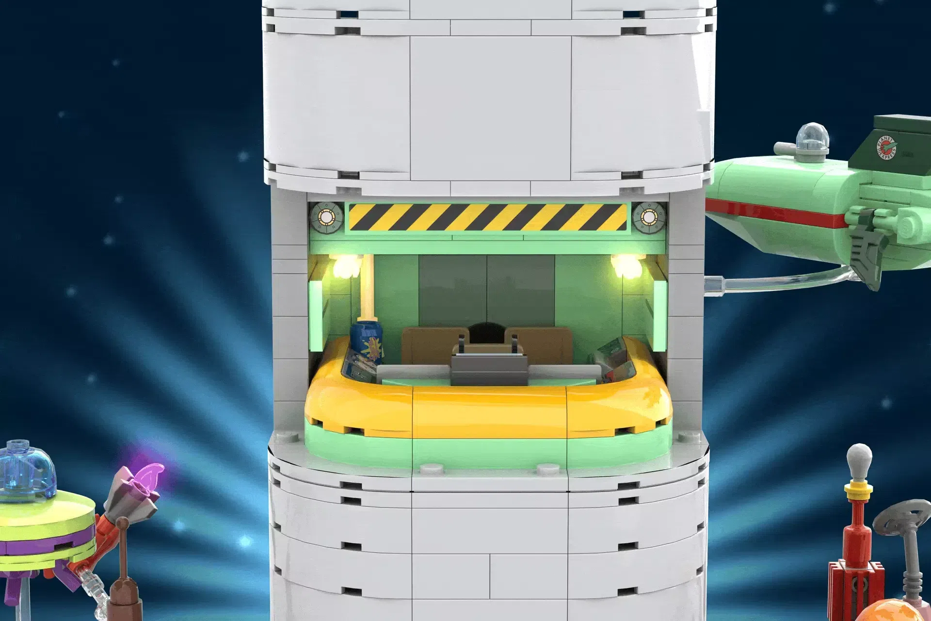 LEGO Planet Express building with yellow ship docked, green hangar, control center, and minifigures on launch pad.