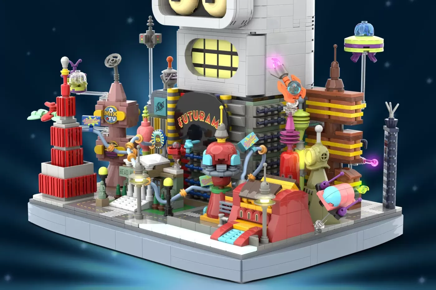 LEGO Futurama Planet Express headquarters set with colorful buildings, vehicles, and Bender's head display chamber.