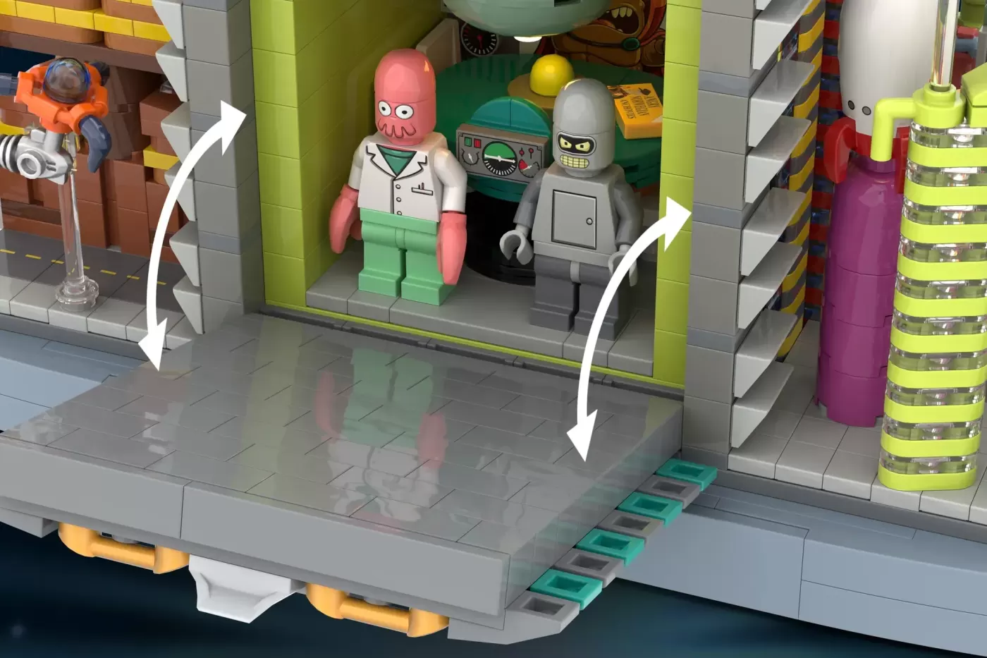 LEGO Futurama Planet Express set with Fry, Dr. Zoidberg, and Bender minifigures in colorful sci-fi setting.