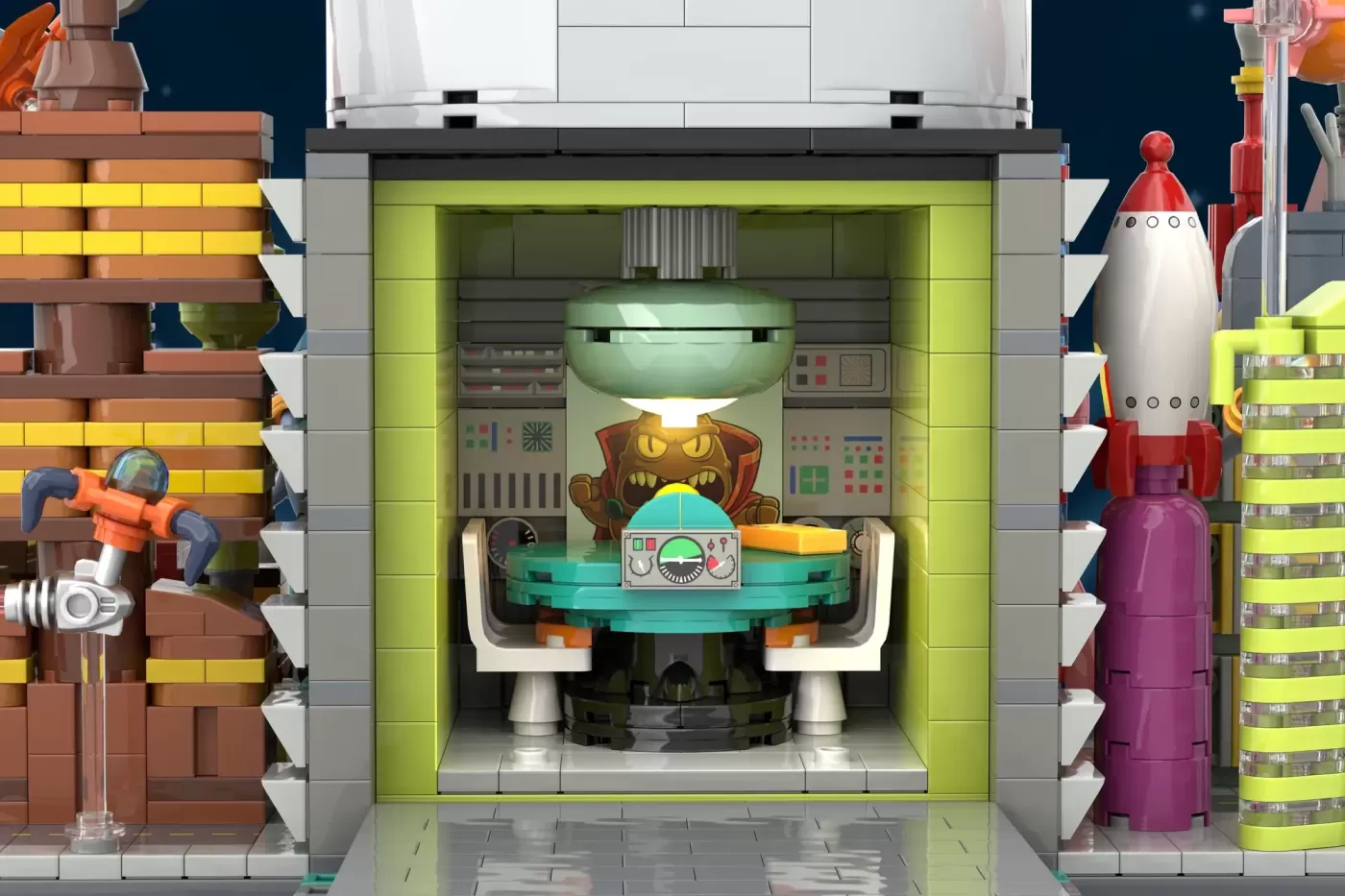 LEGO Futurama Planet Express control room with villain figure at console, flanked by rocket structures and buildings.