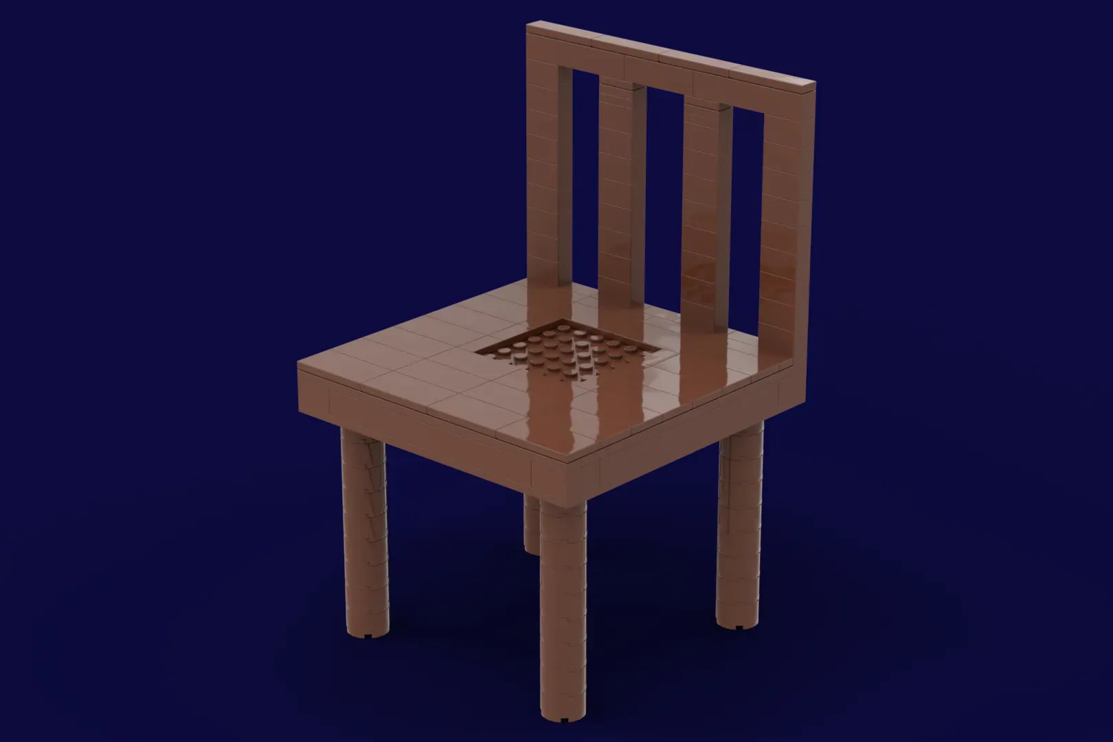 Brown LEGO wooden chair with vertical slats on backrest and a checkered pattern seat on dark blue background.
