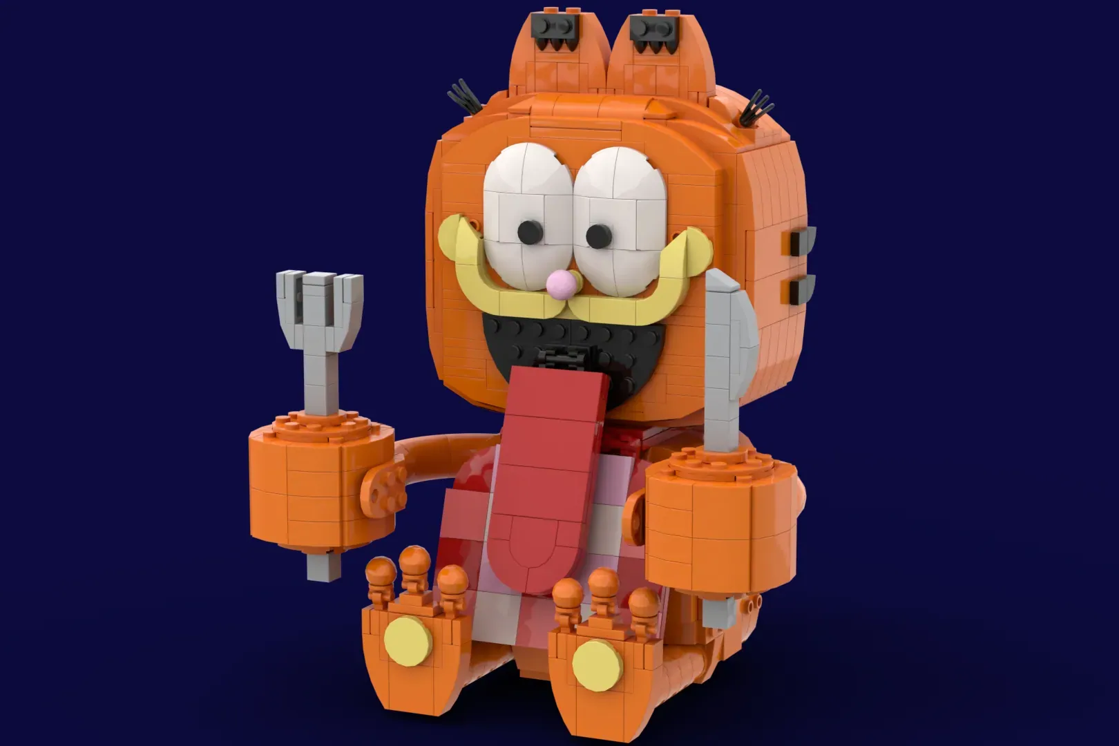 LEGO Garfield figure with orange body, yellow mustache, holding lasagna and utensils with detailed brick construction.