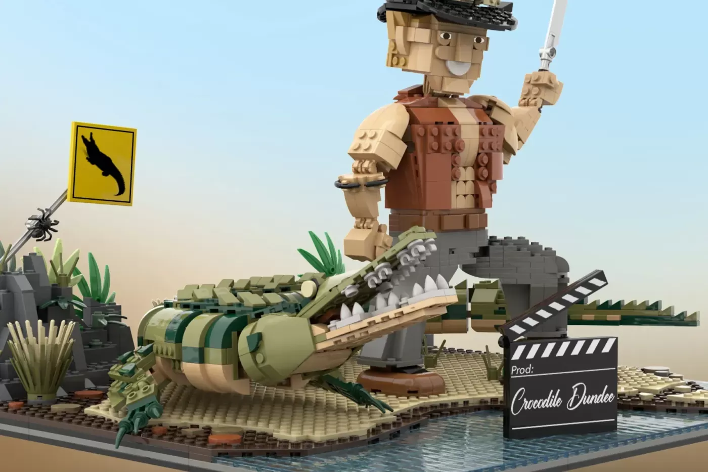 LEGO Crocodile Dundee set featuring minifigure with hat, giant crocodile, outback scenery, and production clapperboard.