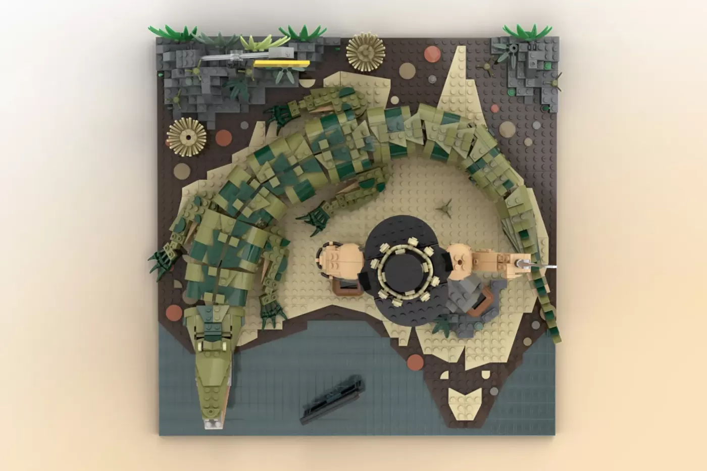LEGO model of Australian outback landscape with crocodile figure, buildings, vegetation, and water features.