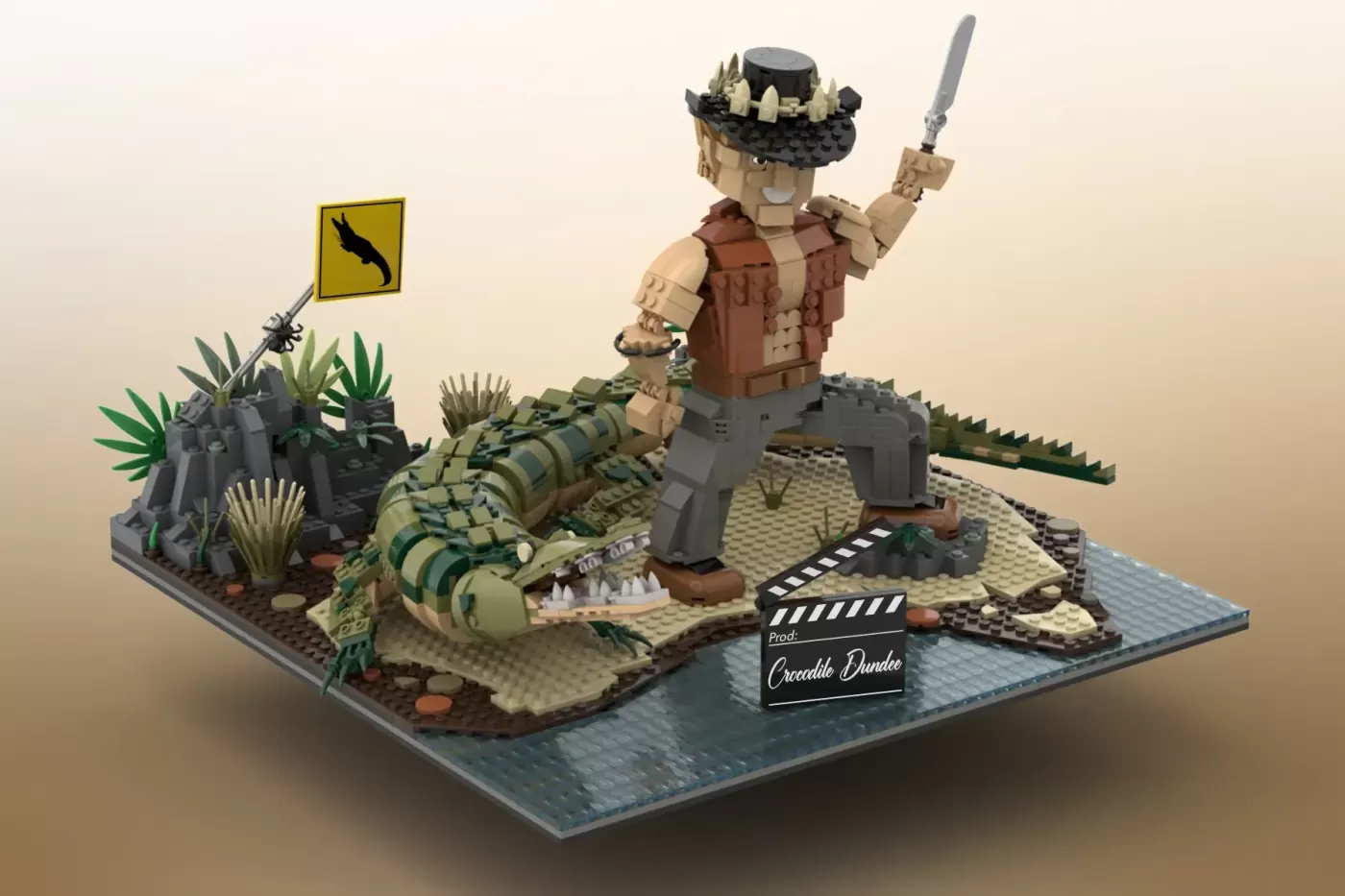 LEGO Crocodile Dundee set featuring minifigure with hat and sword, crocodile, outback scenery, and film clapperboard.