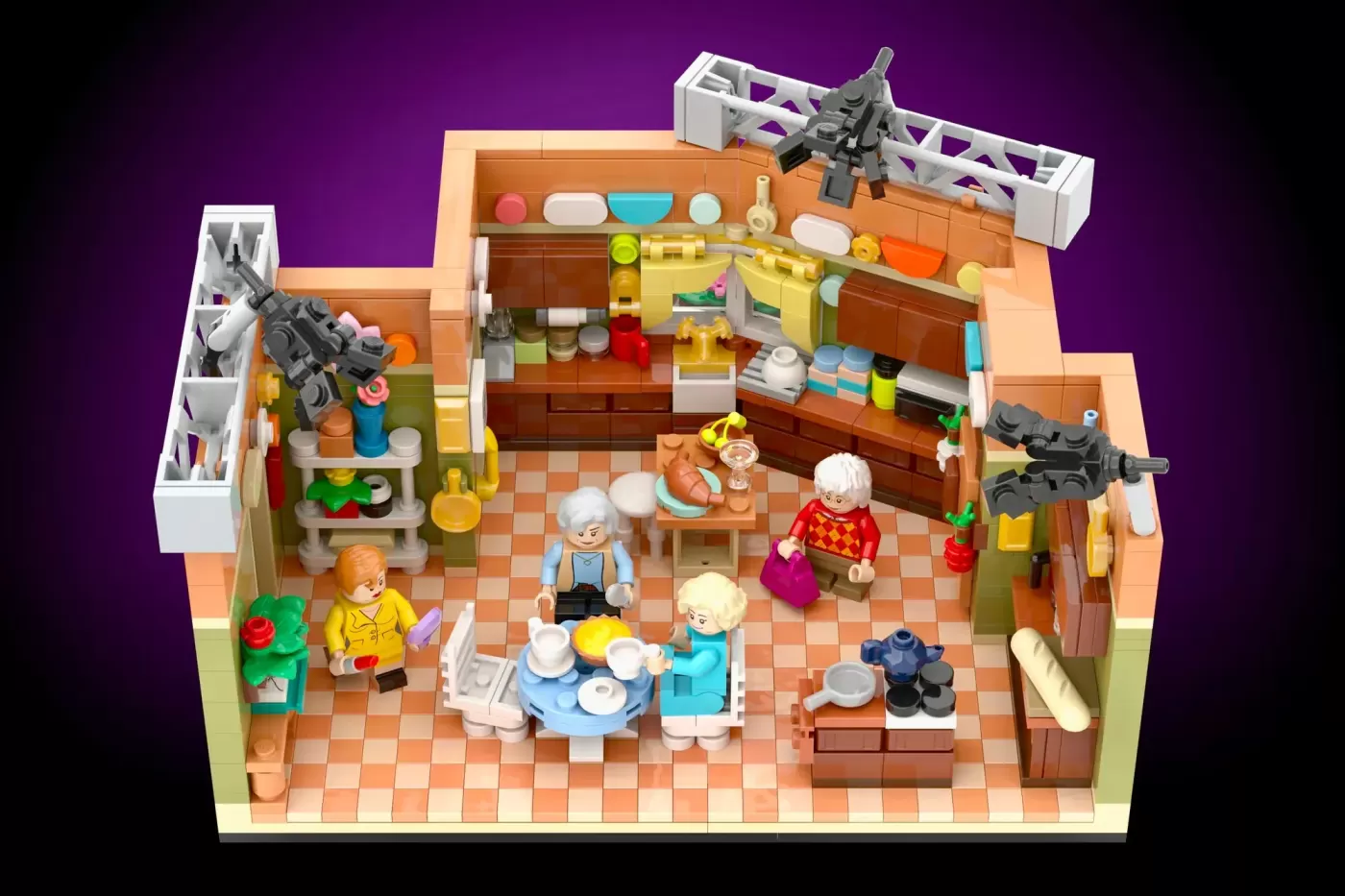 LEGO kitchen set with four elderly minifigures, furniture, and appliances on checkered floor against purple background.