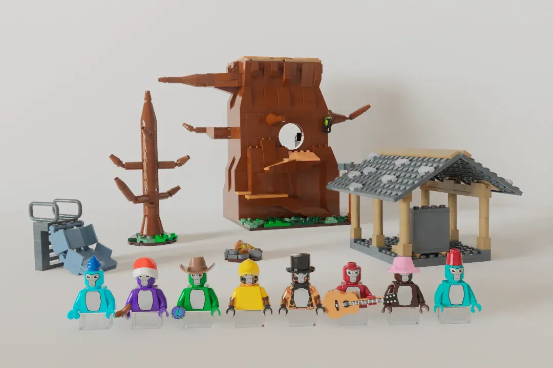 LEGO Gorilla Tag set with brown tree structure, cabin, minifigures in colorful outfits, and forest accessories.