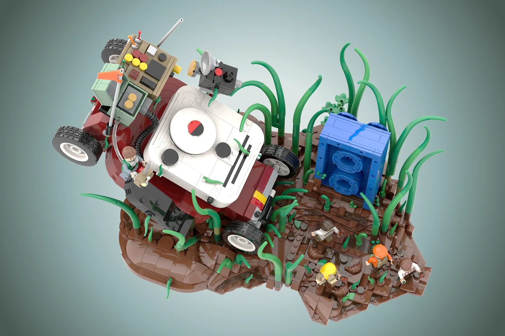 LEGO Ideas Honey I Shrunk the Kids set featuring a menacing red lawnmower, white robot, blue machine, and green plants on …