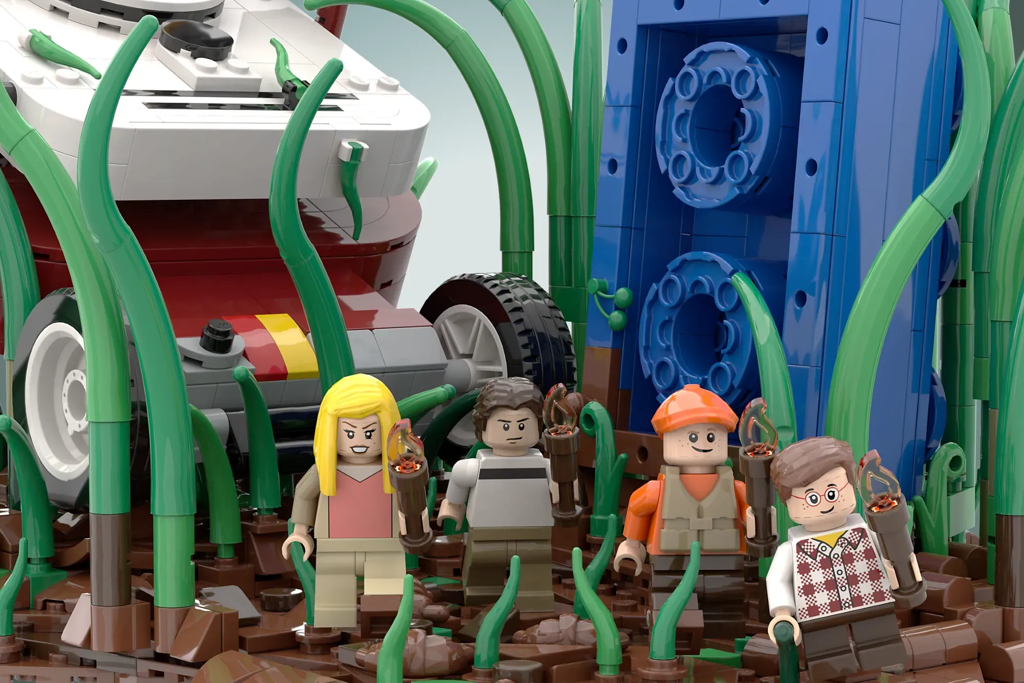 LEGO set recreation of Honey, I Shrunk the Kids featuring minifigures among giant green plants and a menacing lawnmower.