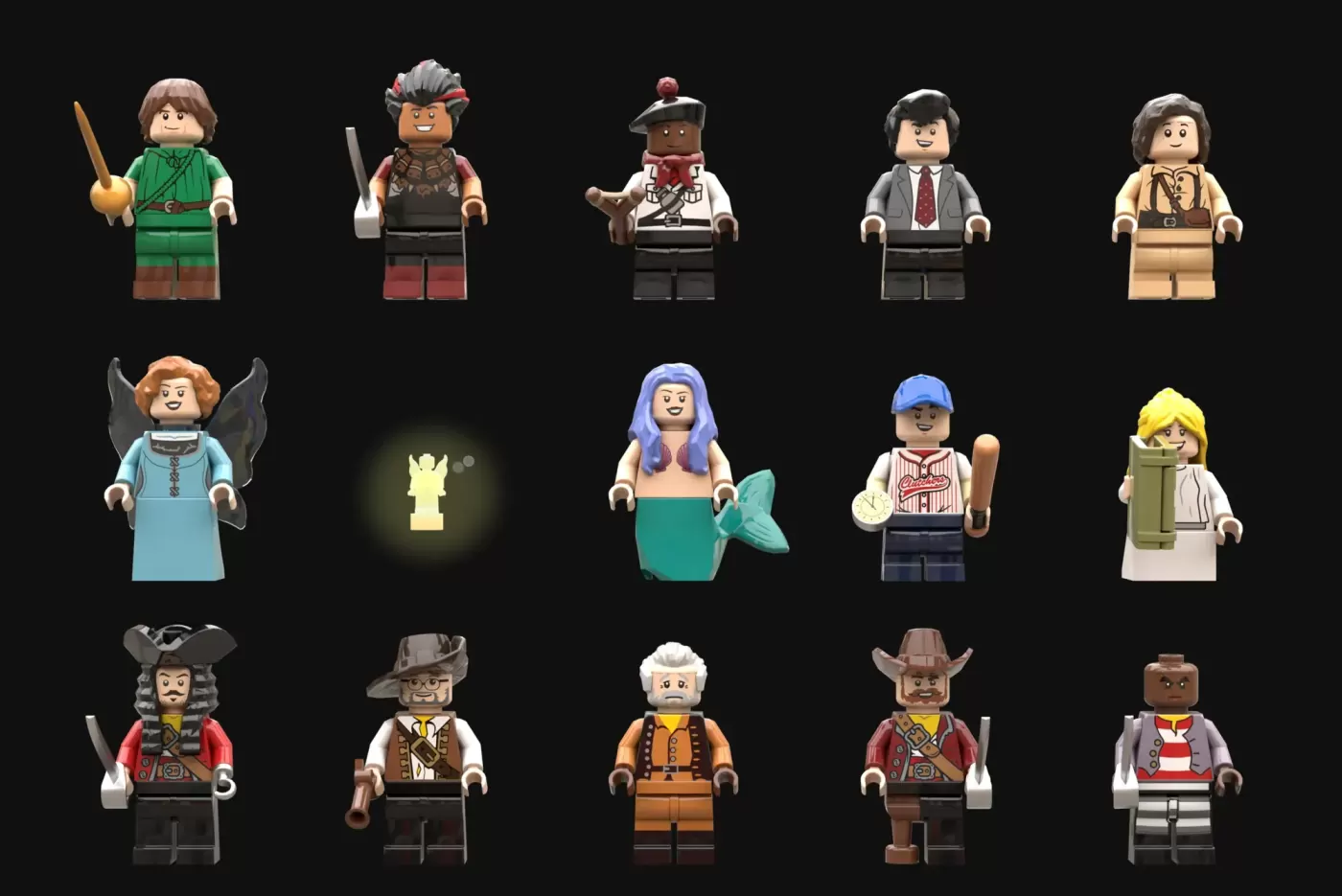 LEGO minifigures from Peter Pan themed set, including pirates, mermaids, and classic characters arranged in three rows.