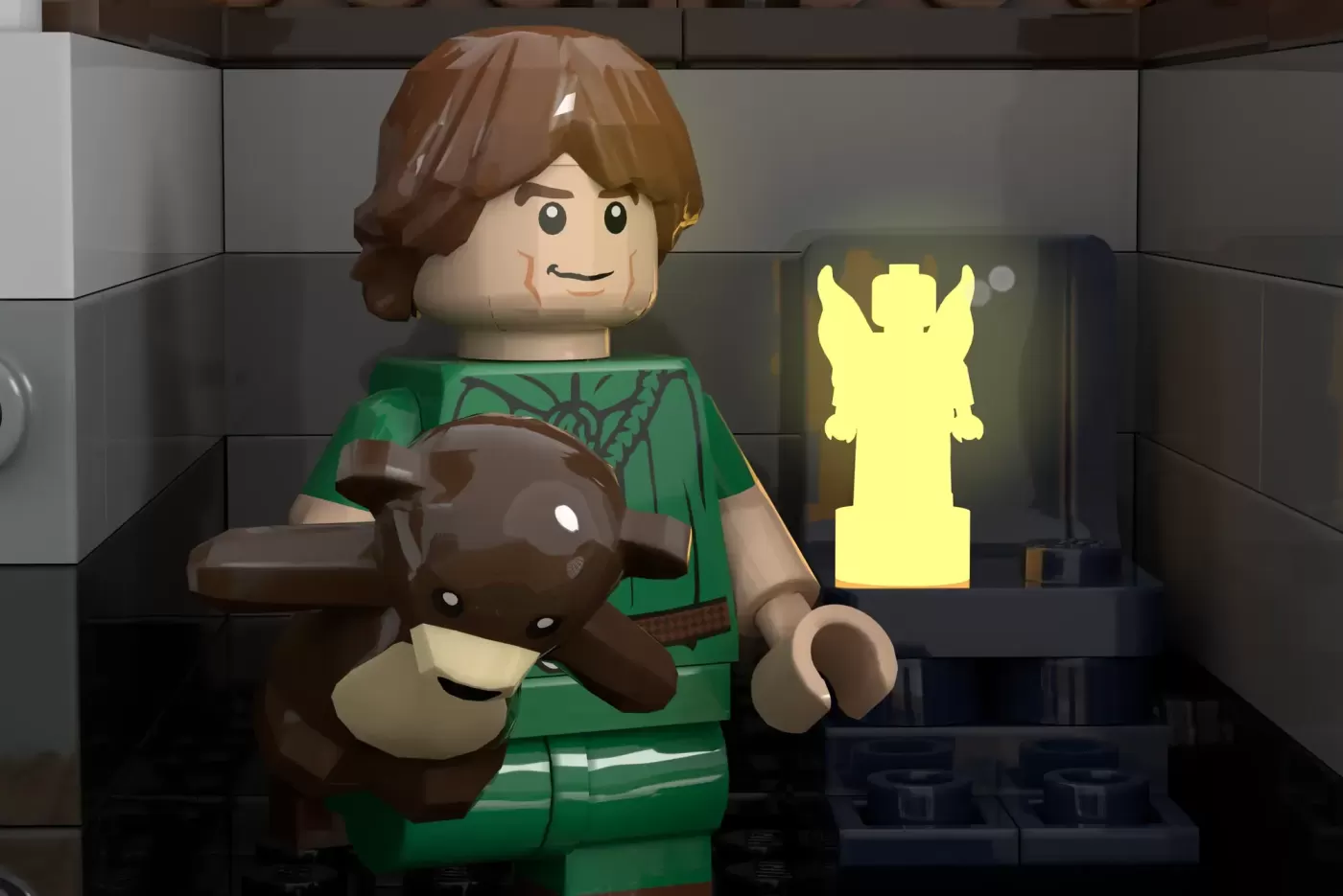 LEGO minifigure in green outfit holding brown creature, glowing yellow angel figure on display shelf behind.