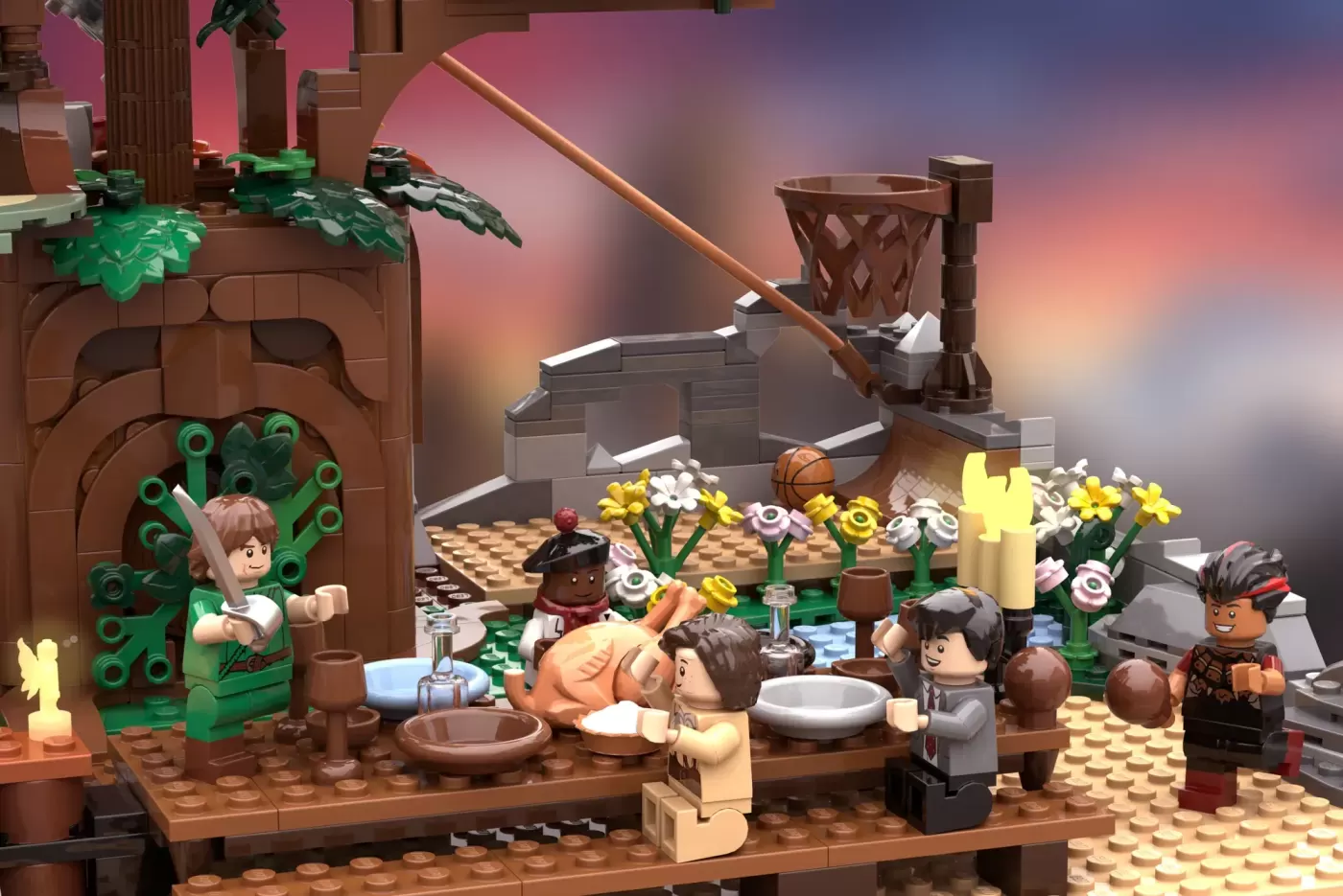 LEGO set depicting Neverland scene with minifigures, green foliage, basketball, flowers, and wooden structures against pin…