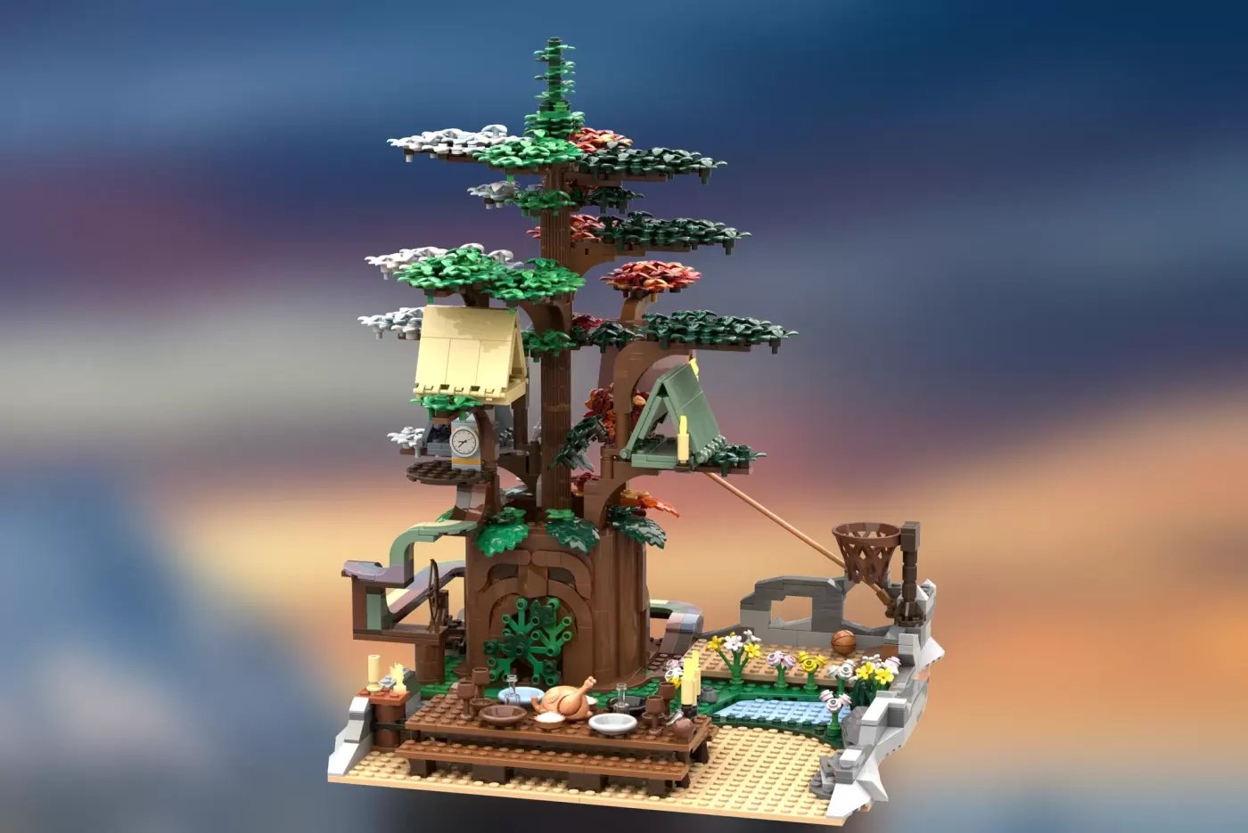 Elaborate LEGO tree house with multiple platforms, yellow and green structures, decorative foliage, and garden base.