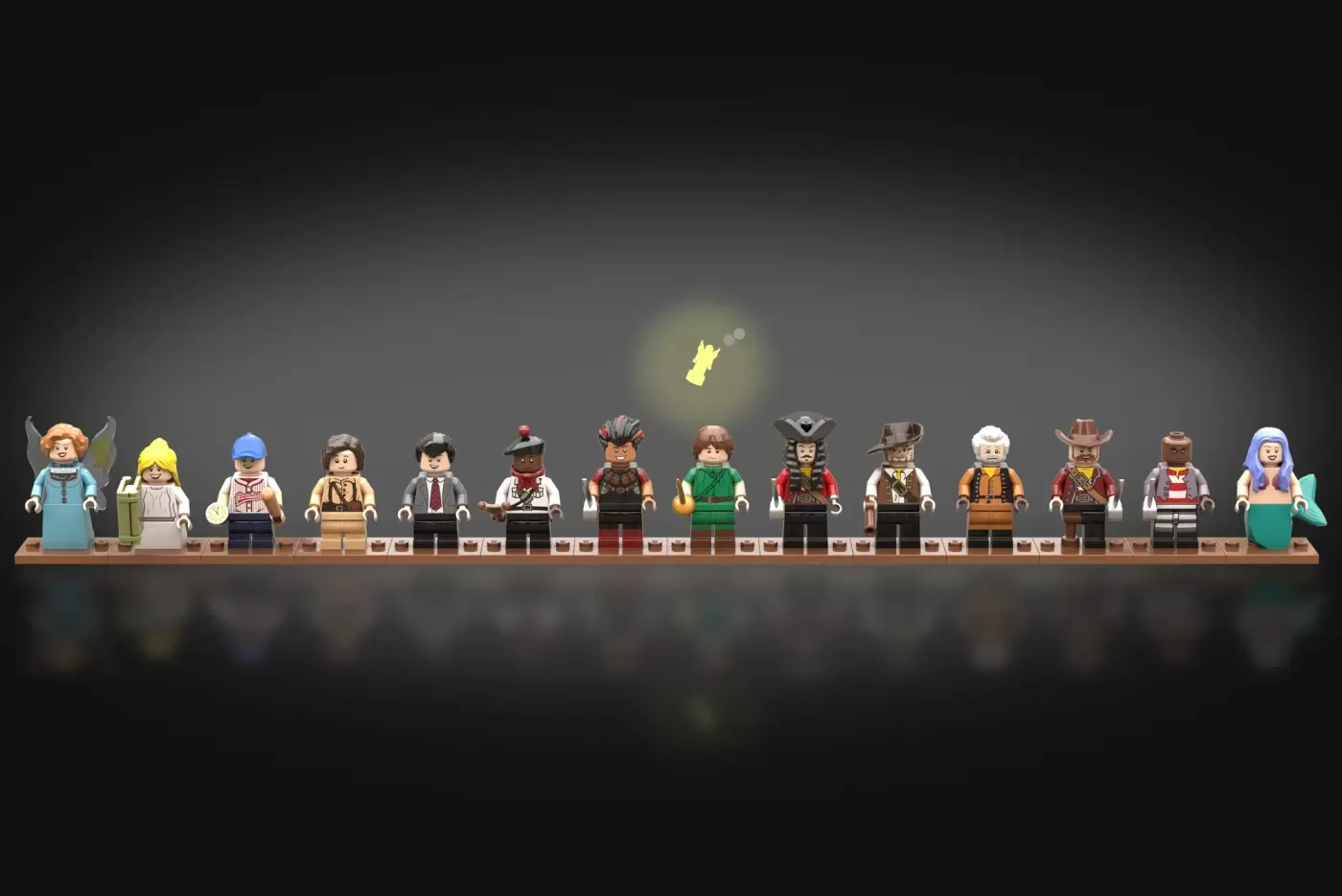 LEGO minifigures from Peter Pan lined up on a wooden base, featuring Captain Hook and other characters.