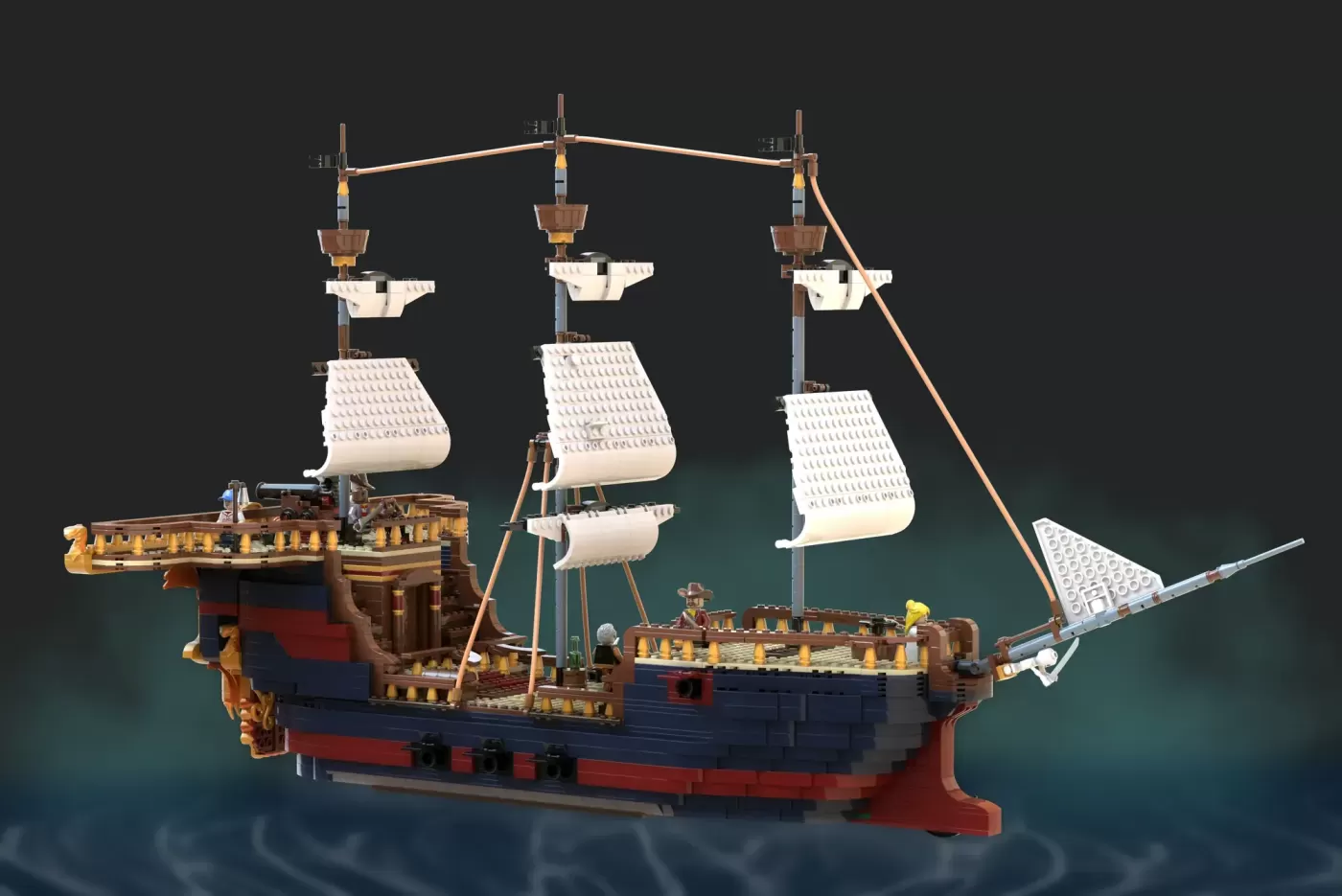 LEGO pirate ship with red hull, golden trim, three masts with white sails, and detailed deck featuring minifigures.