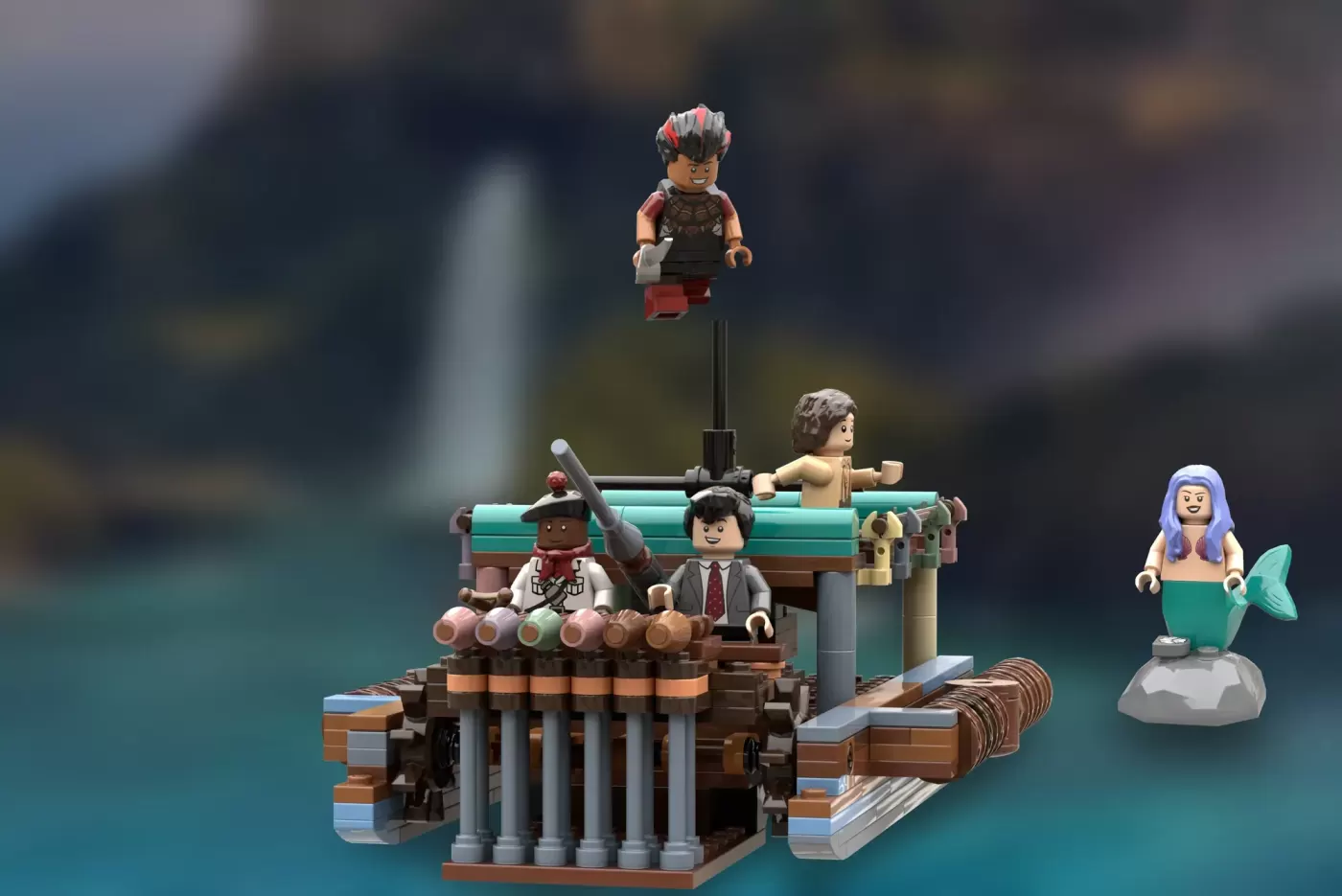 LEGO minifigures on a pirate ship dock set with mermaid figure and turquoise water backdrop.