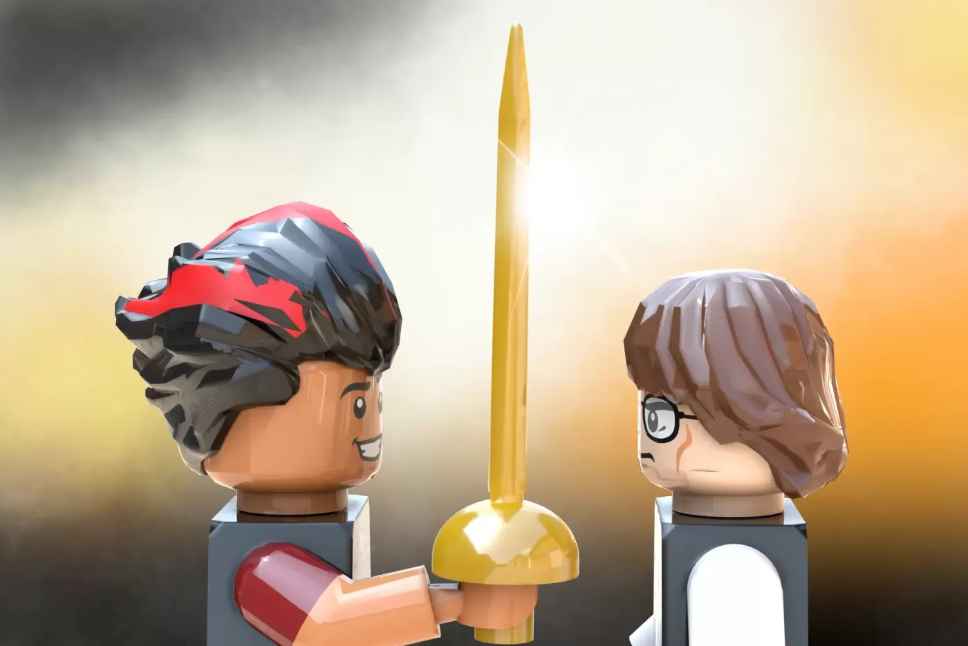LEGO minifigures with pirate captain and girl figure flanking golden sword, dramatic sky backdrop.