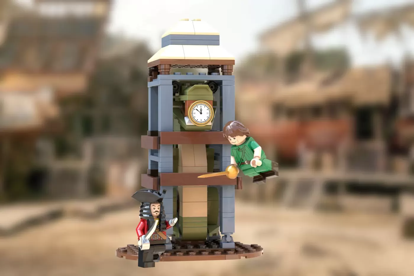 LEGO clock tower set featuring Captain Hook and Peter Pan minifigures with detailed architectural design and working clock…