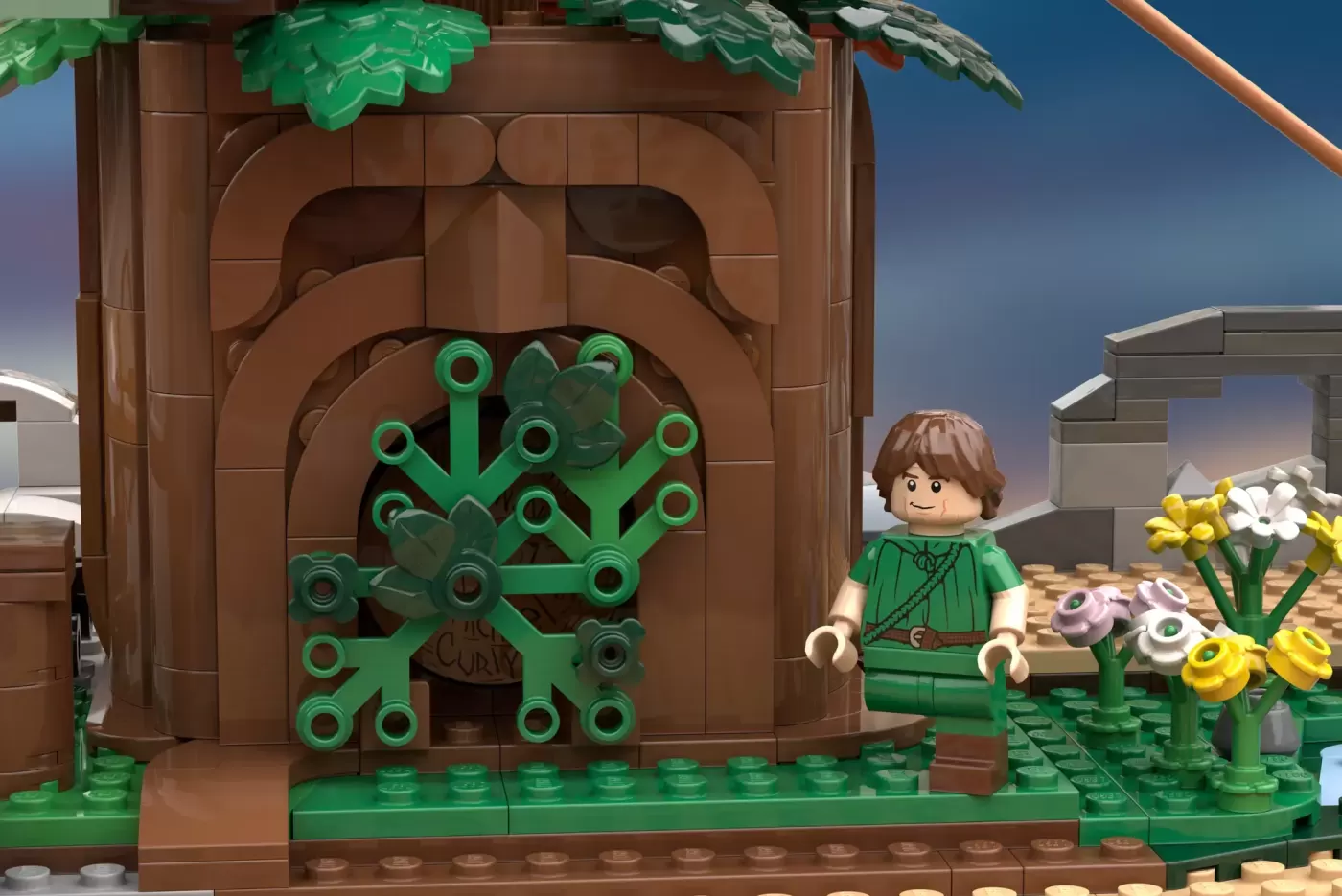 LEGO minifigure in green outfit stands beside brown wooden structure with green decorative door and potted flowers.