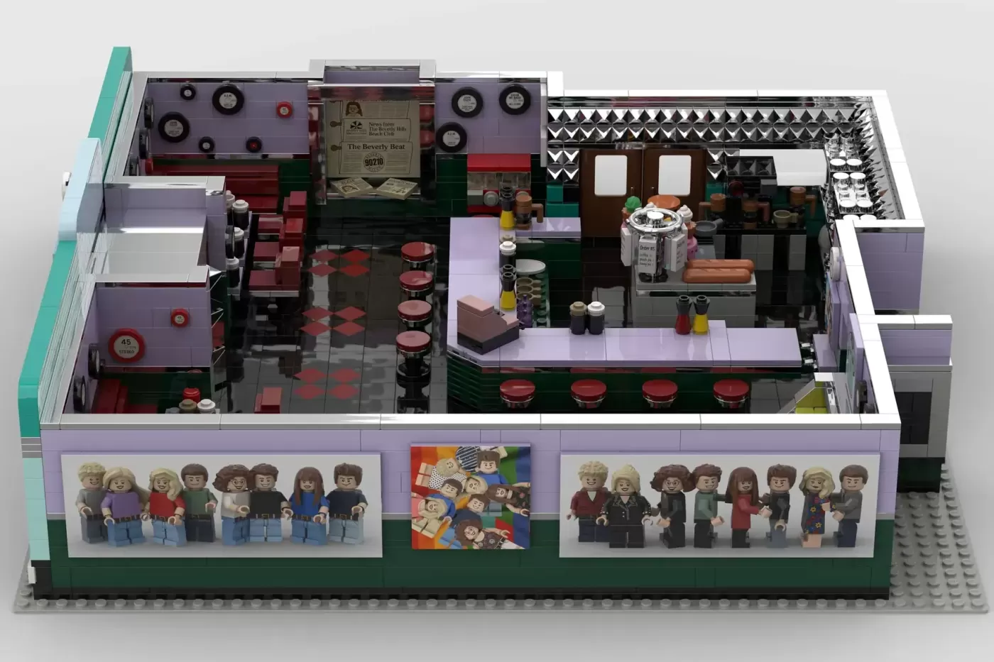 LEGO set recreation of the Peach Pit diner from Beverly Hills 90210, featuring interior details and minifigures of the sho…