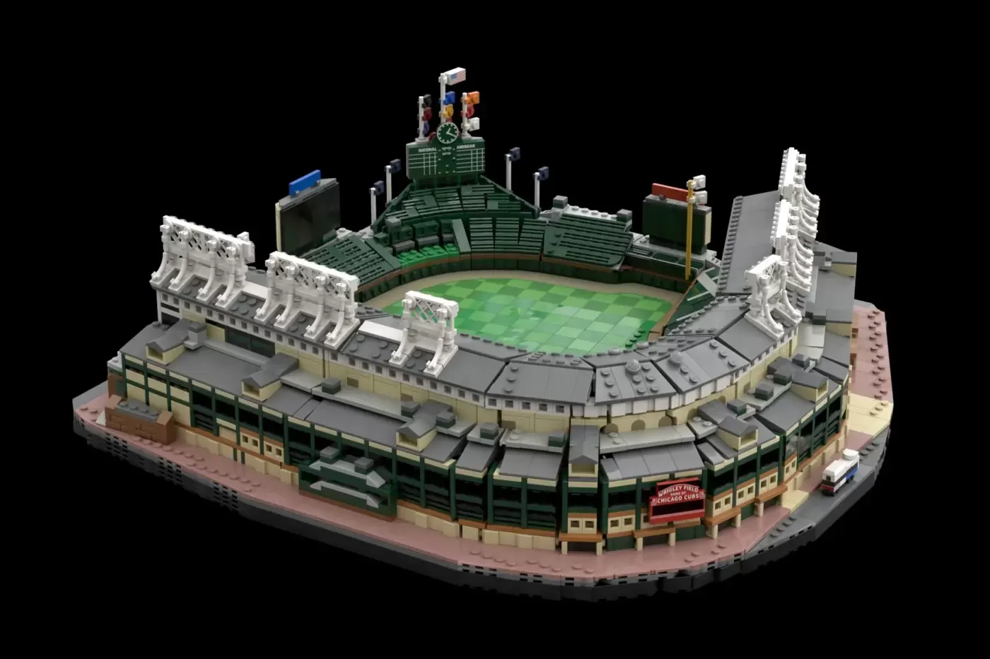 LEGO Ideas Wrigley Field set model with green field, seating, scoreboard, and Chicago Cubs signage.