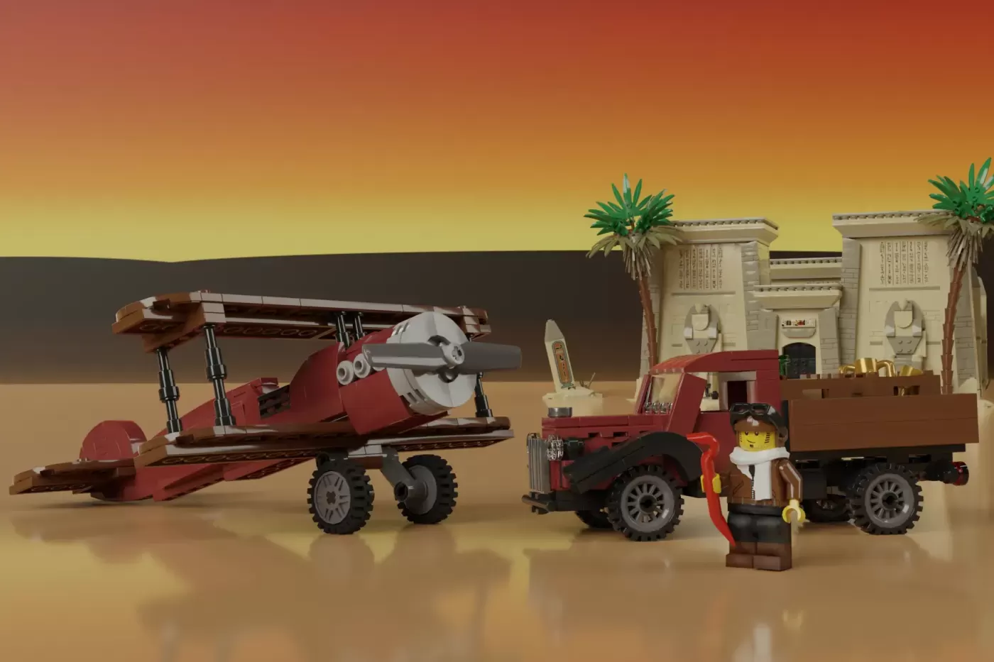LEGO Adventurers Egyptian temple set with biplane, truck, minifigure, and cream-colored pyramid structure.