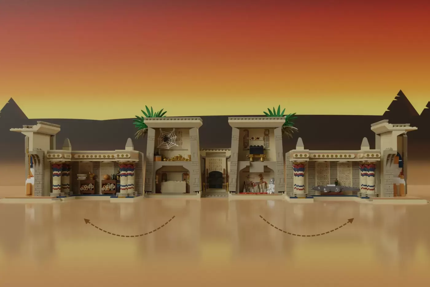 LEGO Adventurers Egyptian temple set with cream-colored facade, multiple chambers, palm plants, and colorful decorative pa…