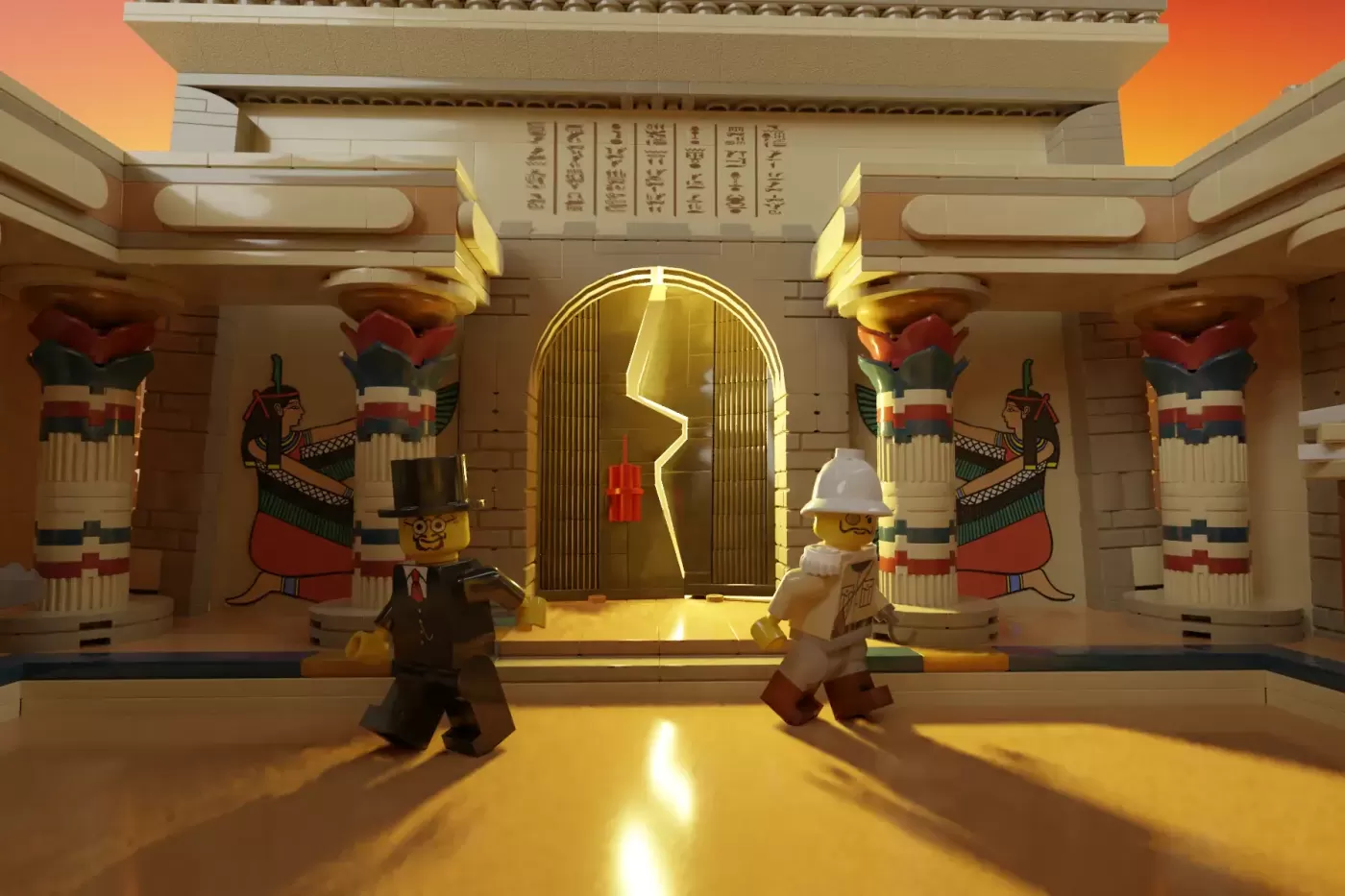 LEGO Adventurers Egyptian temple interior with golden doorway, hieroglyphic walls, and minifigures in explorer outfits.