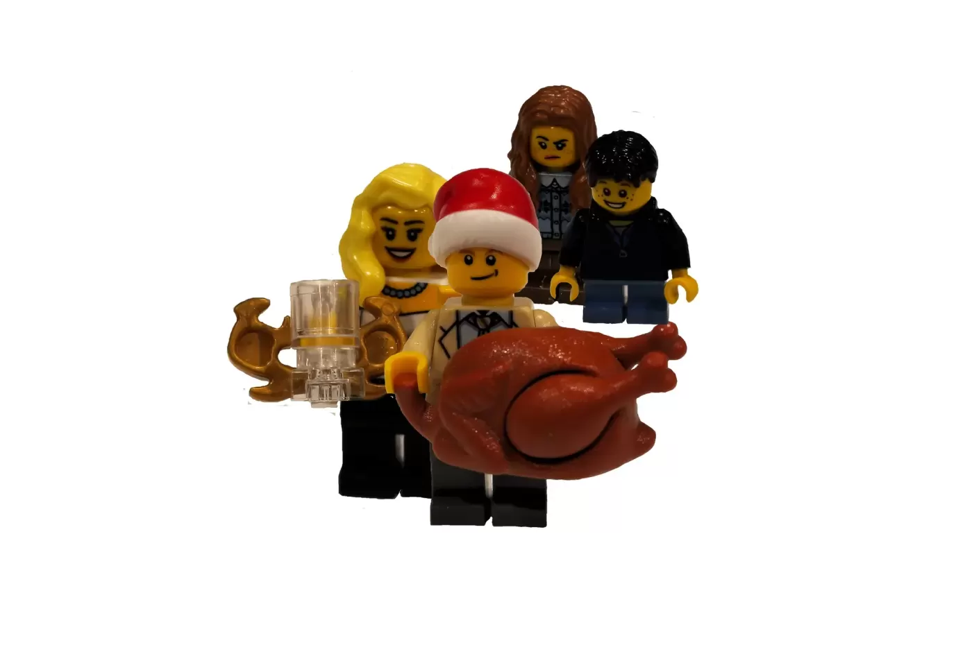 LEGO minifigures arranged with a giant roasted turkey and festive holiday decorations.