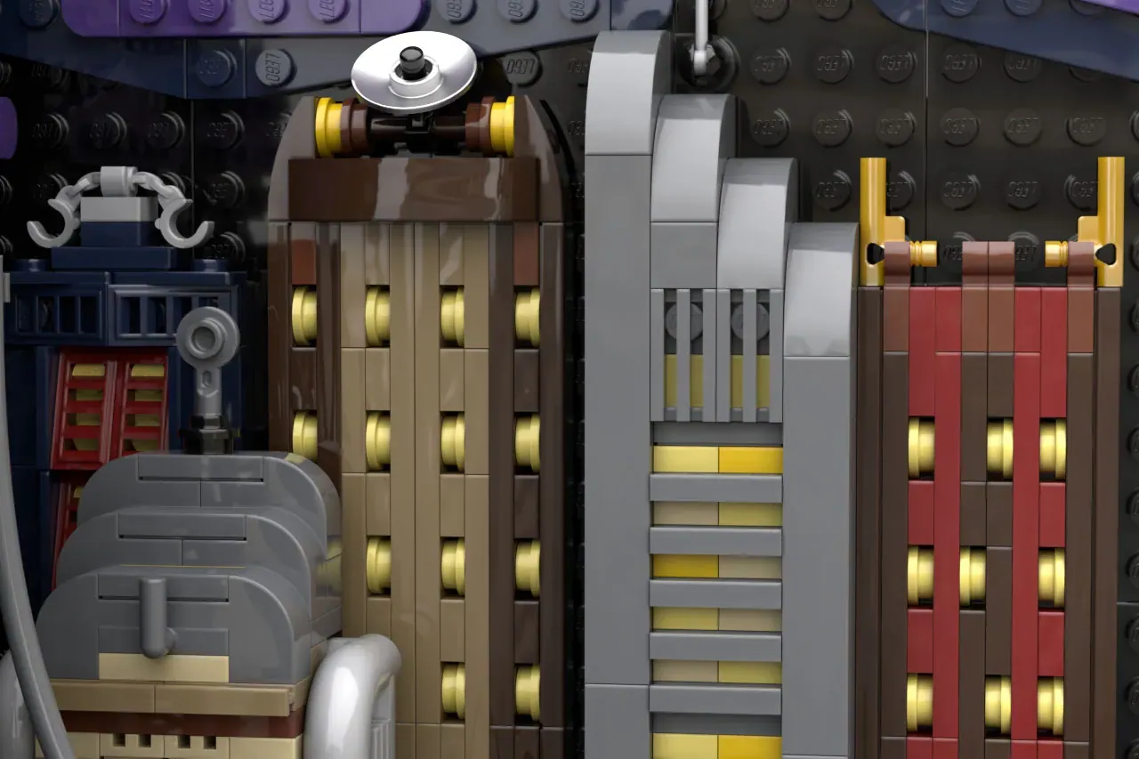 LEGO cityscape bookends featuring illuminated art deco buildings with golden details and red facades.