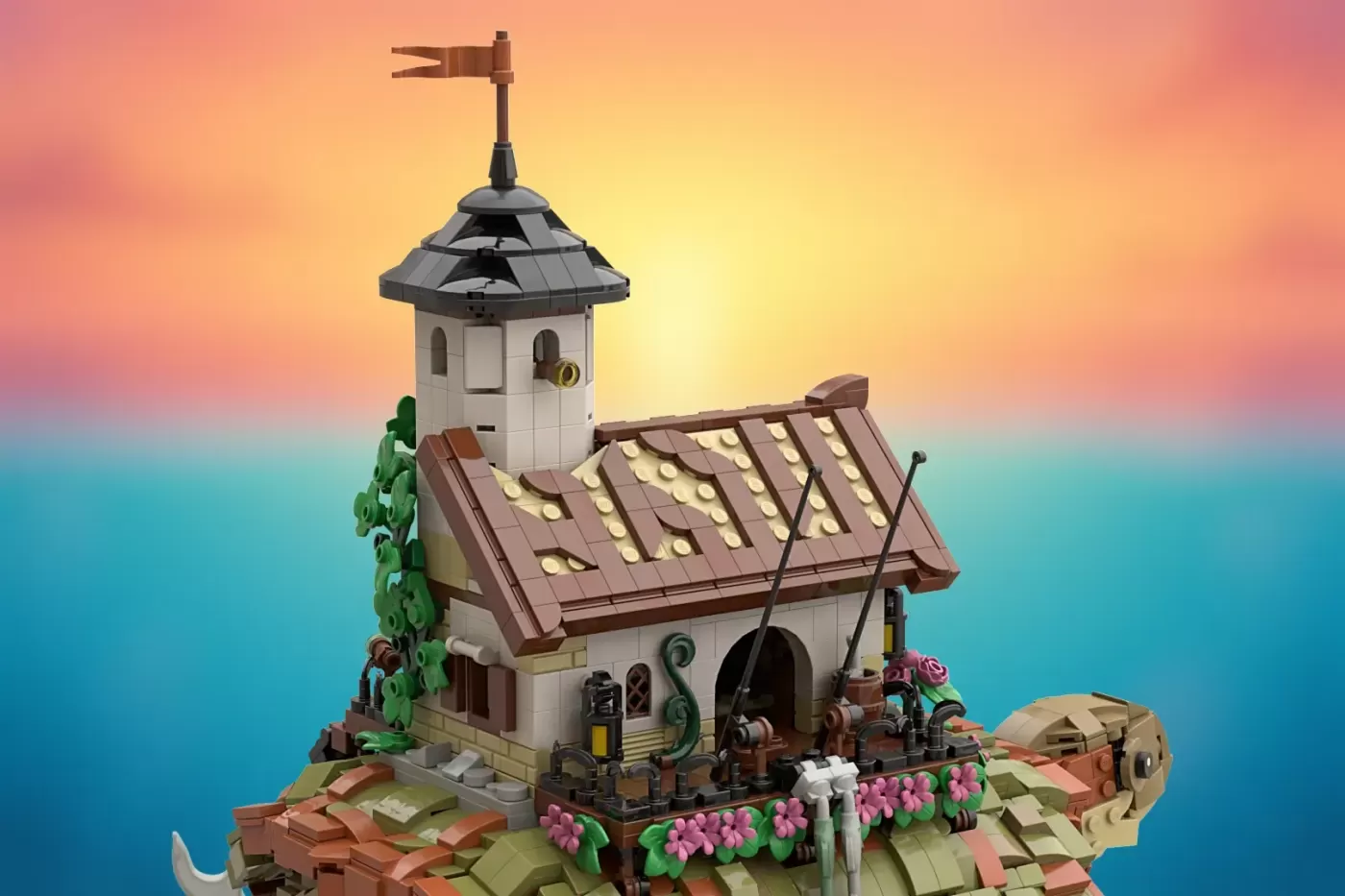 LEGO fisherman's cottage with tower and weathervane atop a turtle shell base, featuring pink flowers and sailing accessories.