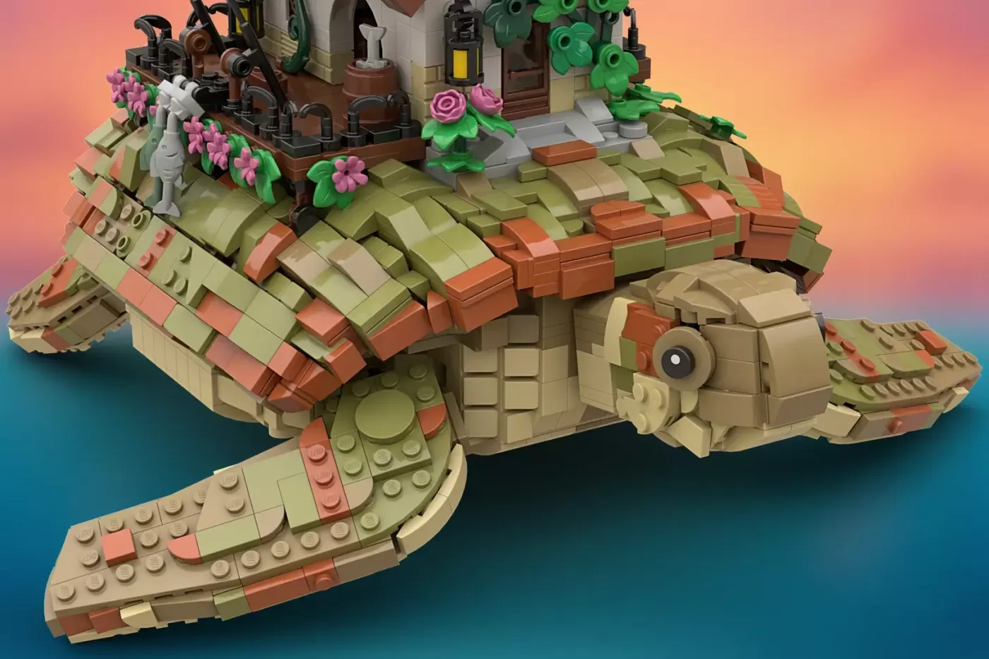 LEGO turtle house with tan shell, coral roof details, pink and green flowers, minifigure, and brick base platform.