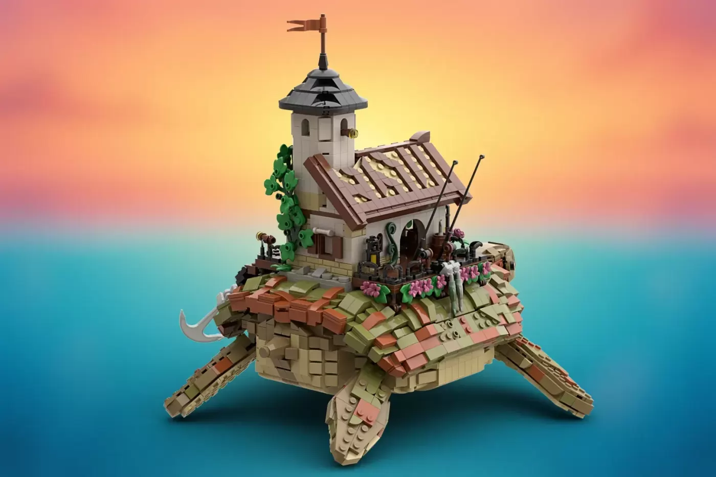 LEGO turtle carrying a cottage with tower, minifigures, flowers, and sailing equipment against gradient sky backdrop.