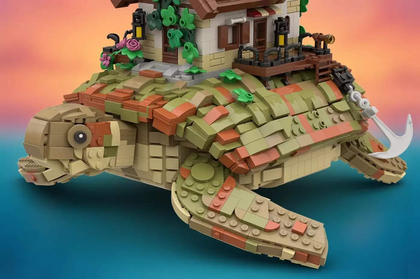 LEGO turtle carrying a cottage with green vines, flowers, lanterns, and a rope bridge on its shell.