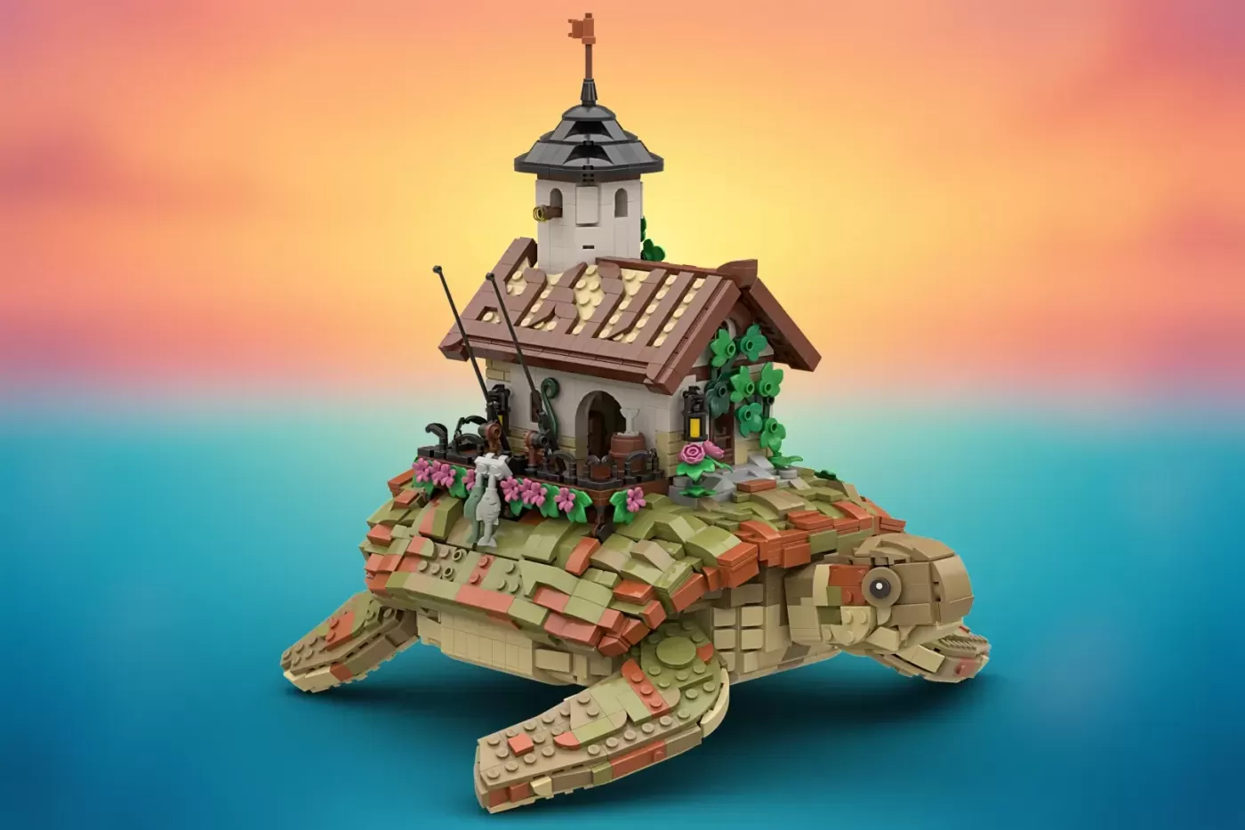 LEGO turtle house with white chapel tower, flowering vines, and brick-patterned shell base floating in blue water.